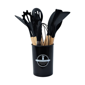 Kit Utensílios Cozinha Silicone 12 Peças Cabo Madeira Colher Espátula Concha Pegador Premium Antiaderente