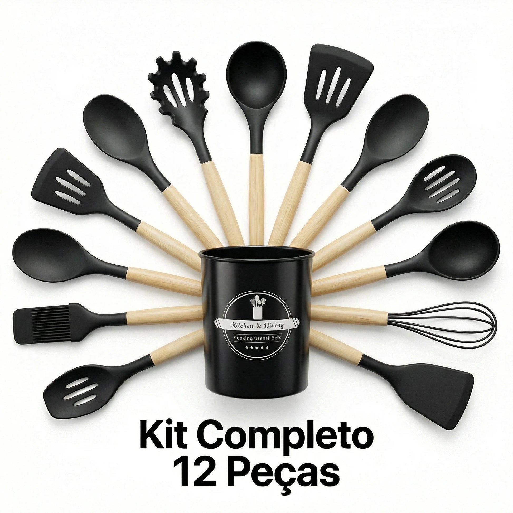 Kit Utensílios Cozinha Silicone 12 Peças Cabo Madeira Colher Espátula Concha Pegador Antiaderente - X - Varejo Ltda - Me
