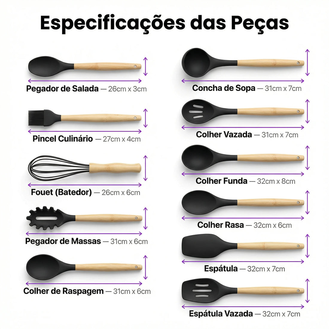 Kit Utensílios Cozinha Silicone 12 Peças Cabo Madeira Colher Espátula Concha Pegador Antiaderente - X - Varejo Ltda - Me