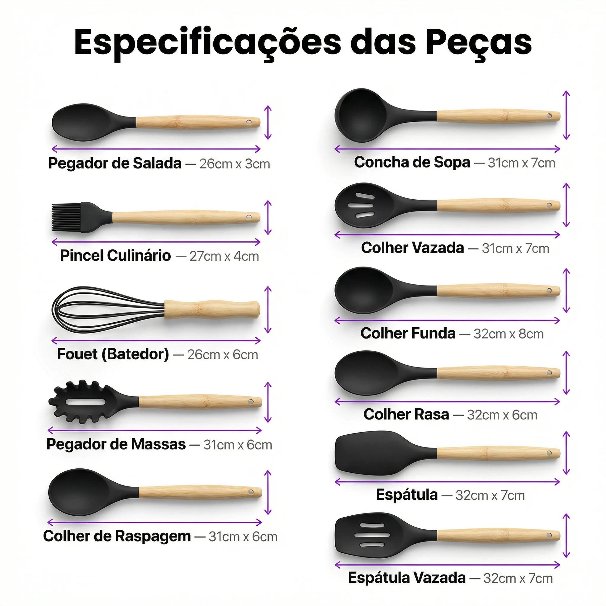 Kit Utensílios Cozinha Silicone 12 Peças Cabo Madeira Colher Espátula Concha Pegador Antiaderente - X - Varejo Ltda - Me