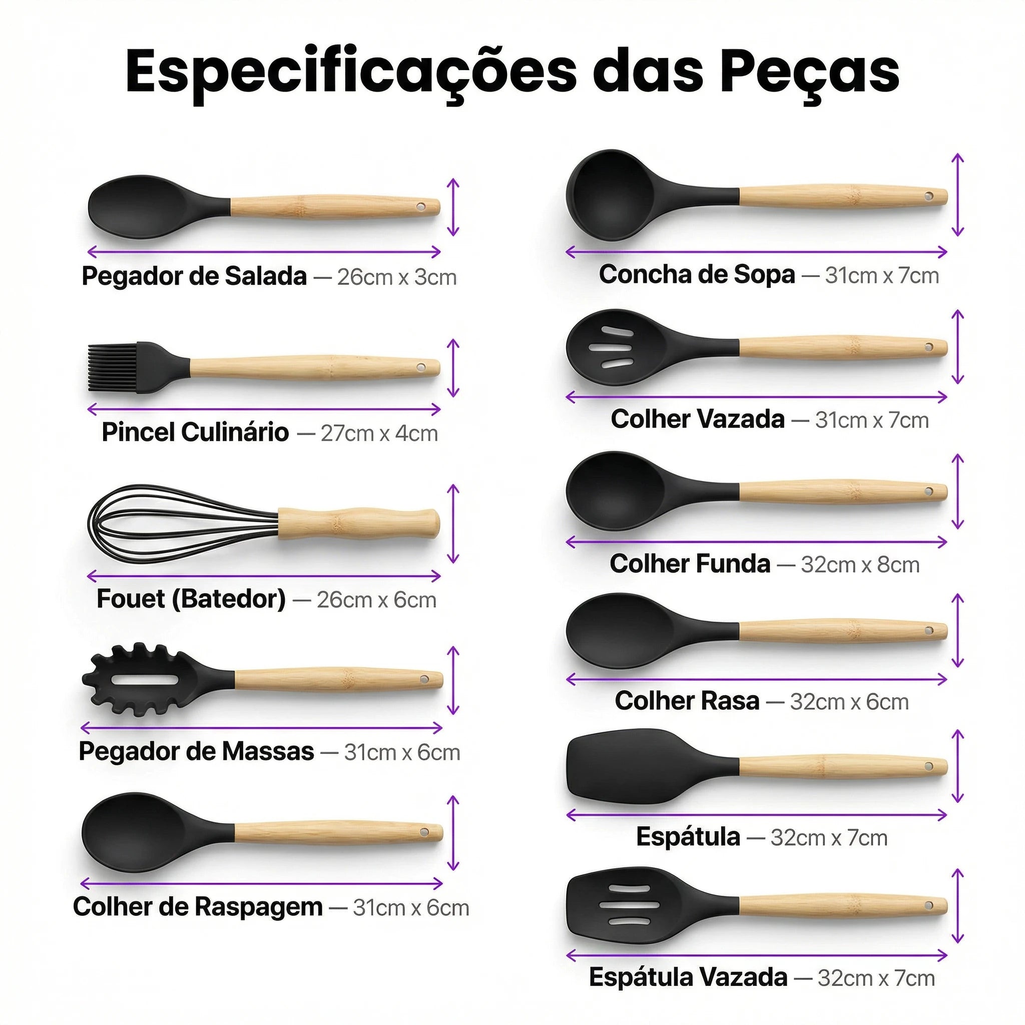 Kit Utensílios Cozinha Silicone 12 Peças Cabo Madeira Colher Espátula Concha Pegador Antiaderente - X - Varejo Ltda - Me