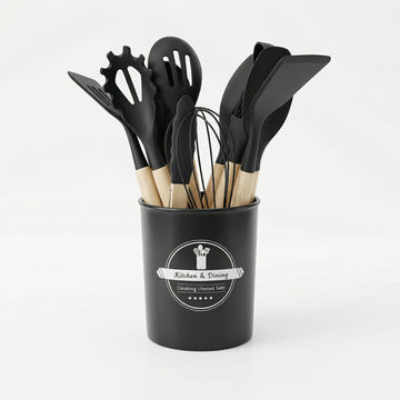 Kit Utensílios Cozinha Silicone 12 Peças Cabo Madeira Colher Espátula Concha Pegador Antiaderente - X - Varejo Ltda - Me