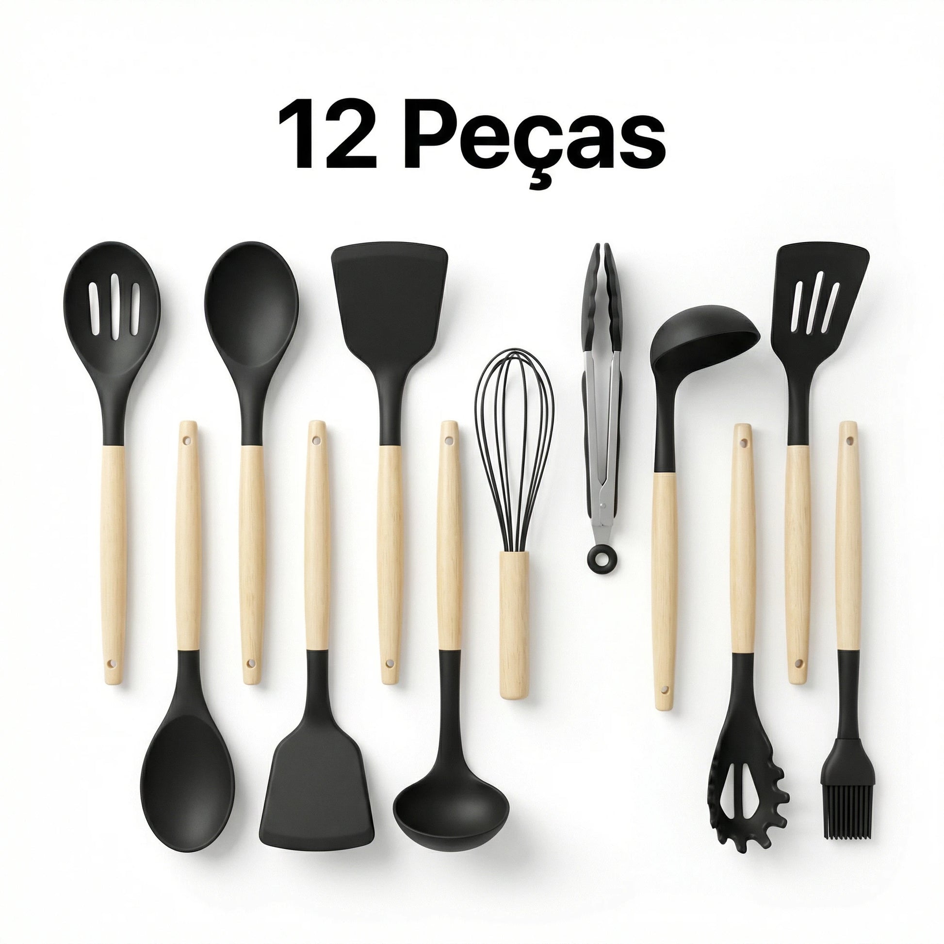Kit Utensílios Cozinha Silicone 12 Peças Cabo Madeira Colher Espátula Concha Pegador Antiaderente - X - Varejo Ltda - Me