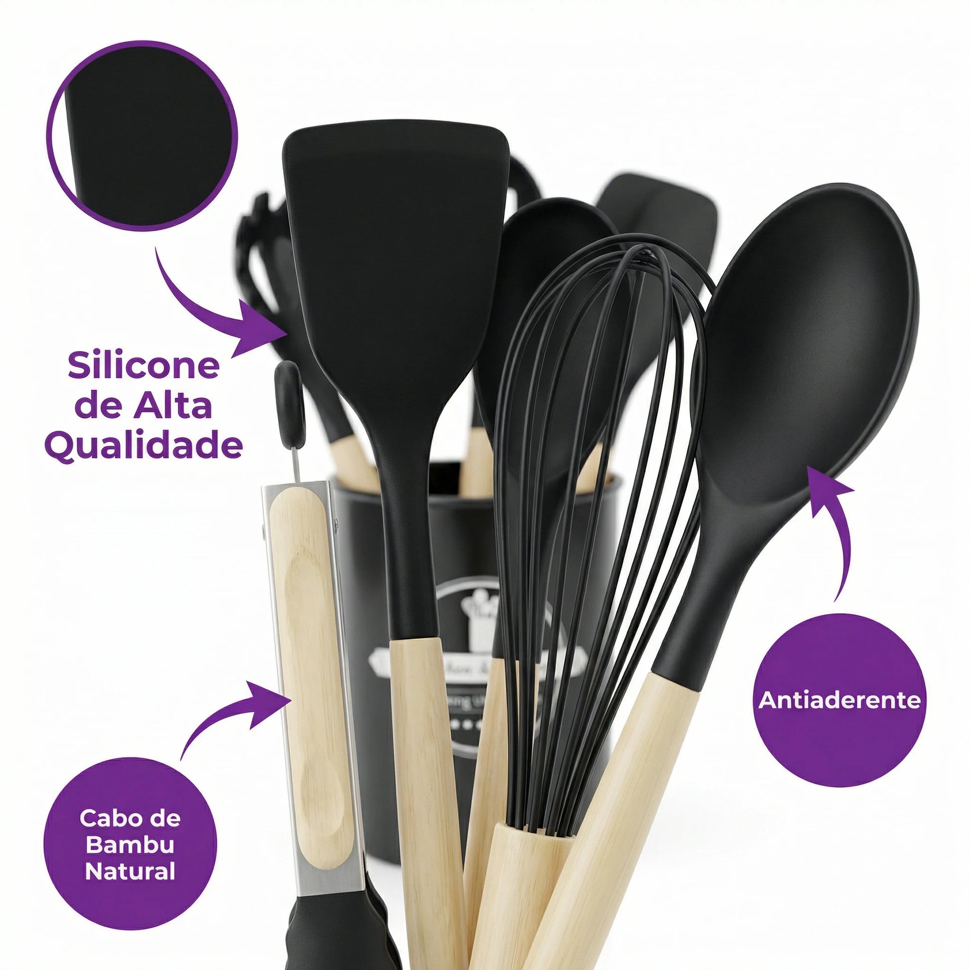 Kit Utensílios Cozinha Silicone 12 Peças Cabo Madeira Colher Espátula Concha Pegador Antiaderente - X - Varejo Ltda - Me