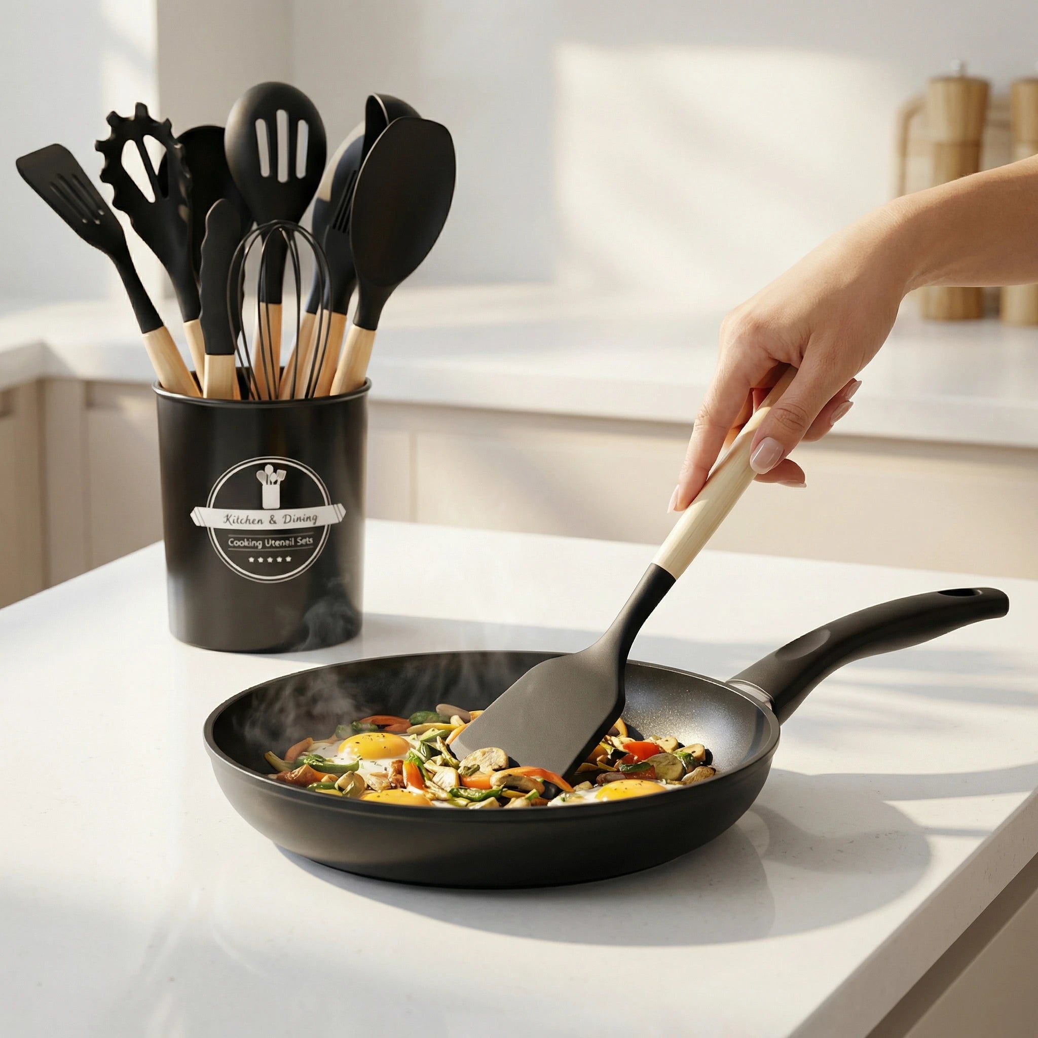 Kit Utensílios Cozinha Silicone 12 Peças Cabo Madeira Colher Espátula Concha Pegador Antiaderente - X - Varejo Ltda - Me