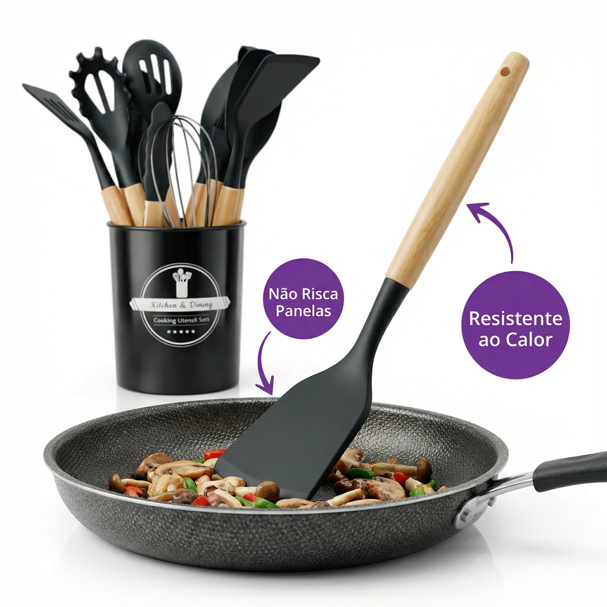 Kit Utensílios Cozinha Silicone 12 Peças Cabo Madeira Colher Espátula Concha Pegador Antiaderente - X - Varejo Ltda - Me