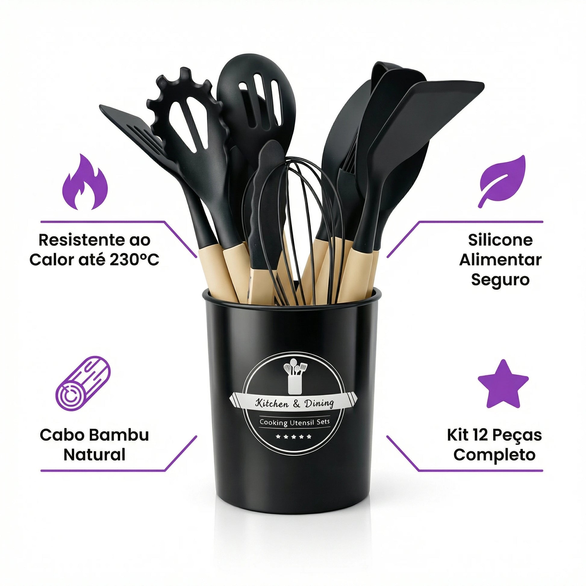Kit Utensílios Cozinha Silicone 12 Peças Cabo Madeira Colher Espátula Concha Pegador Antiaderente - X - Varejo Ltda - Me
