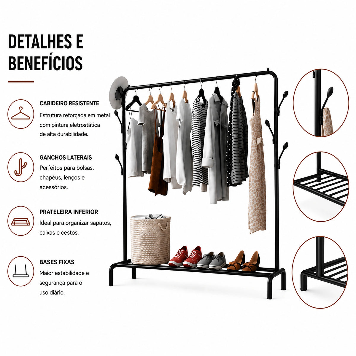 Arara de Roupas 1 Nível Cabideiro Reforçado com Sapateira Guarda Roupa Aramado Preto - X-Varejo Ltda-Me
