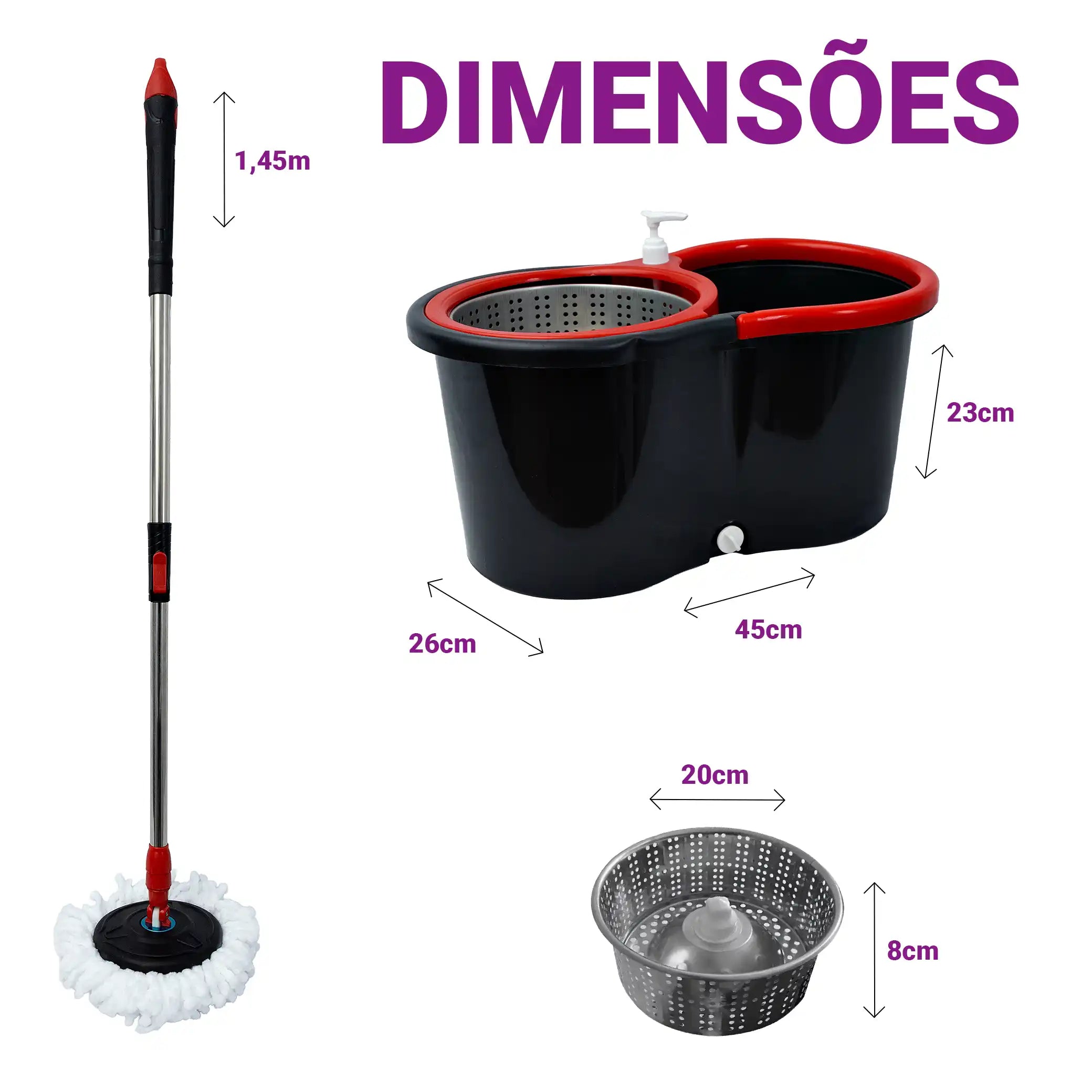 Mop Giratório 360 Graus Balde Cesto Inox Esfregão Limpeza Piso 1 Refil Adicional Grátis Profissional