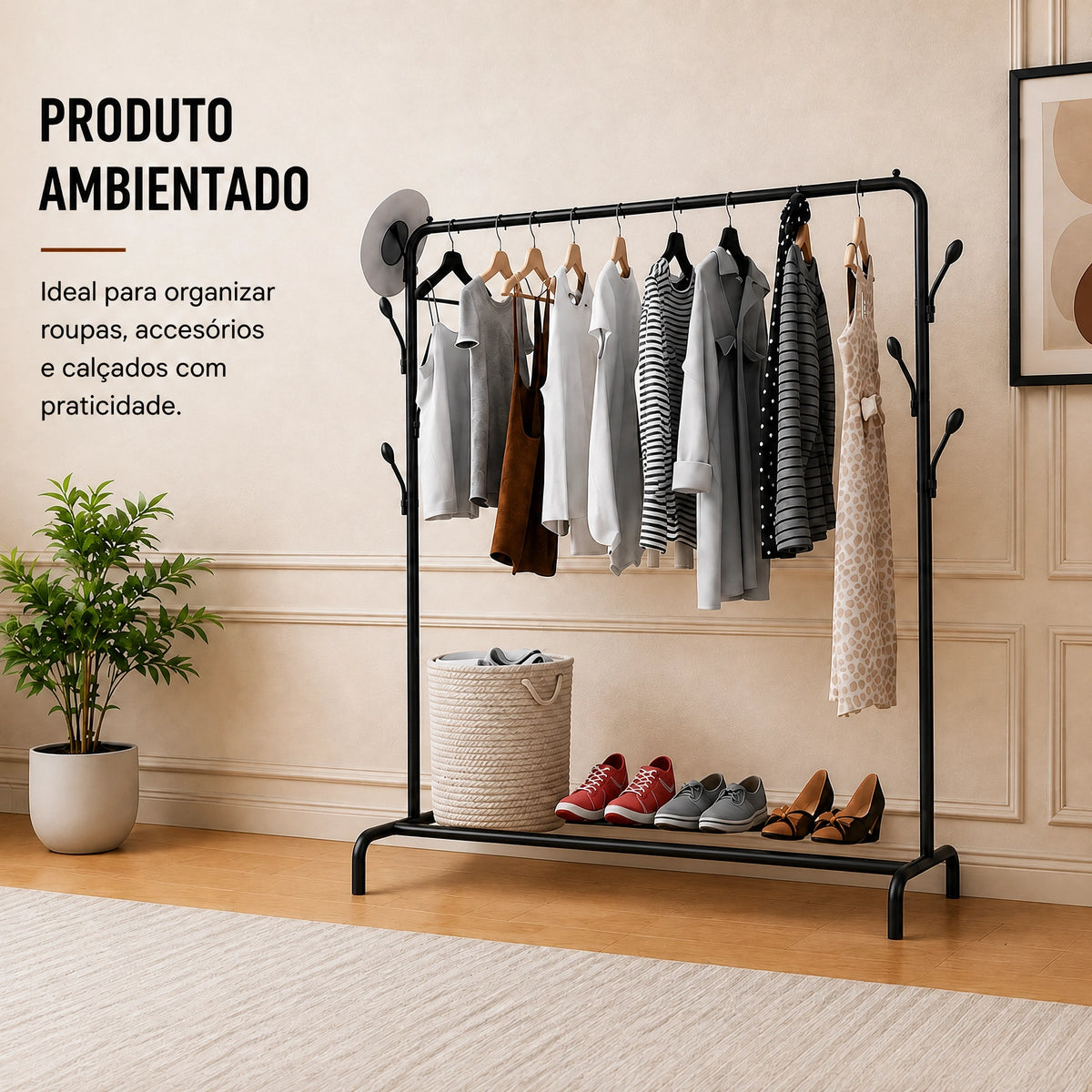 Arara de Roupas 1 Nível Cabideiro Reforçado com Sapateira Guarda Roupa Aramado Preto - X-Varejo Ltda-Me