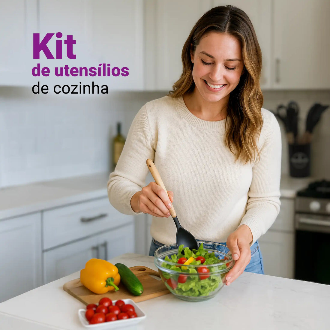 Kit Utensílios Cozinha Silicone 12 Peças Cabo Madeira Colher Espátula Concha Pegador Premium Antiaderente