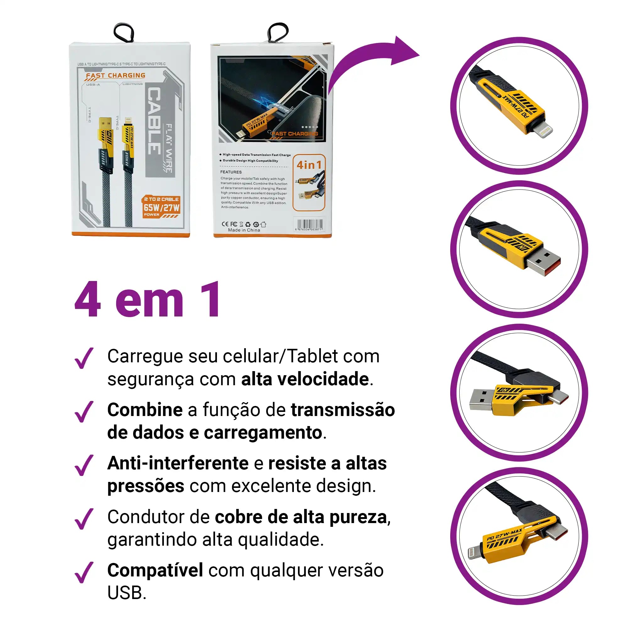 Cabo 4 em 1 Carregador Turbo USB Tipo-C Lightning Carregamento Rápido 65W Universal Celular