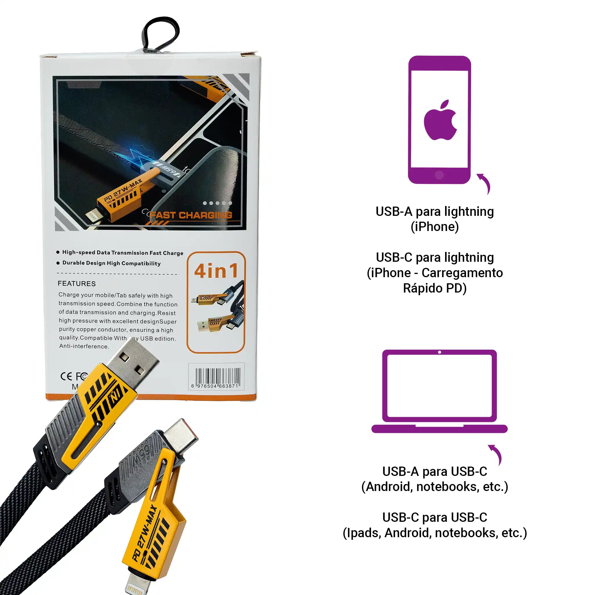 Cabo 4 em 1 Carregador Turbo USB Tipo-C Lightning Carregamento Rápido 65W Universal Celular