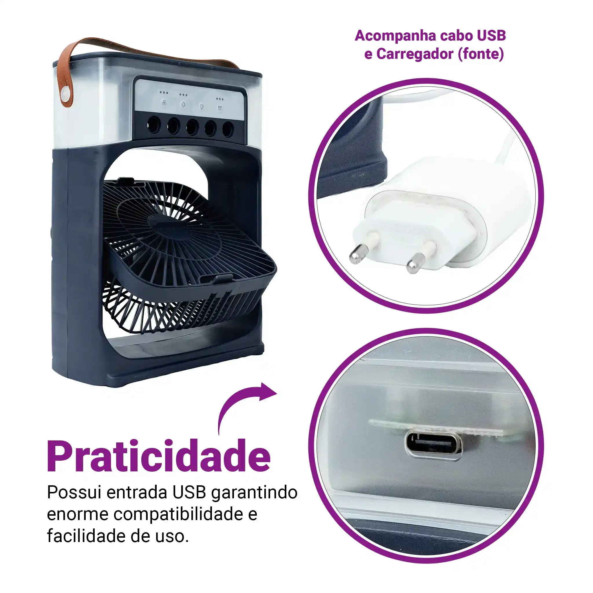 Climatizador Ar Portátil USB 3 em 1 Umidificador Ventilador Mini Ar Condicionado Azul Econômico