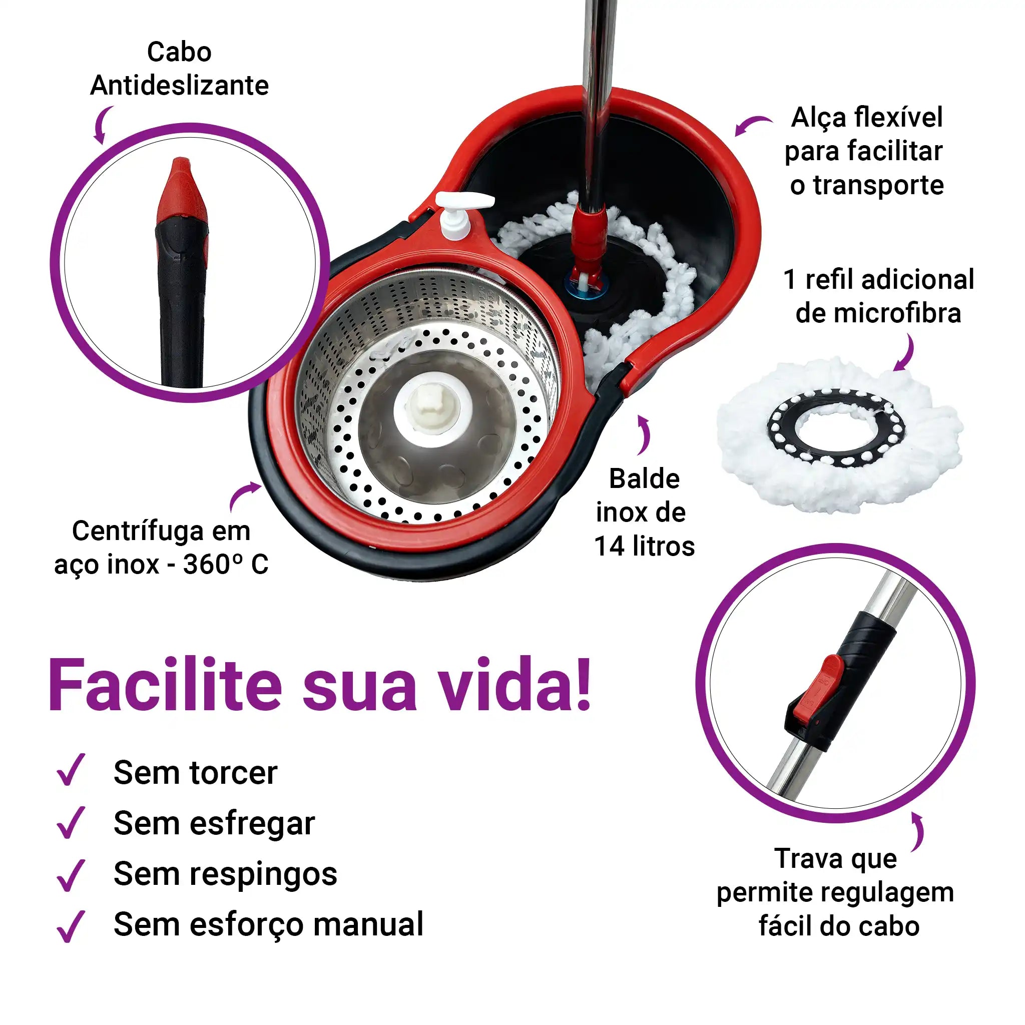 Mop Giratório 360 Graus Balde Cesto Inox Esfregão Limpeza Piso 1 Refil Adicional Grátis Profissional