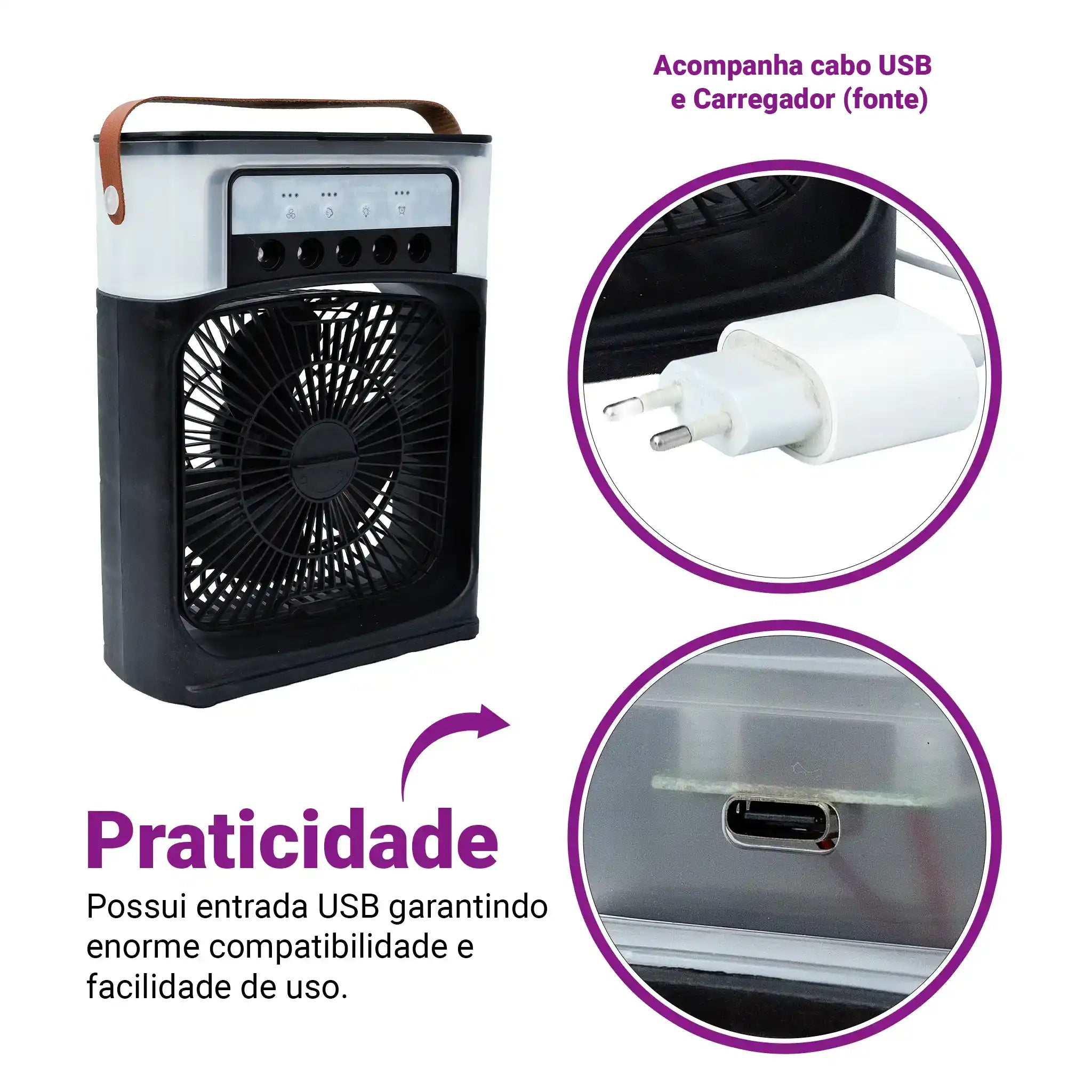 Climatizador Ar Portátil USB 3 em 1 Umidificador Ventilador Mini Ar Condicionado Preto Silencioso