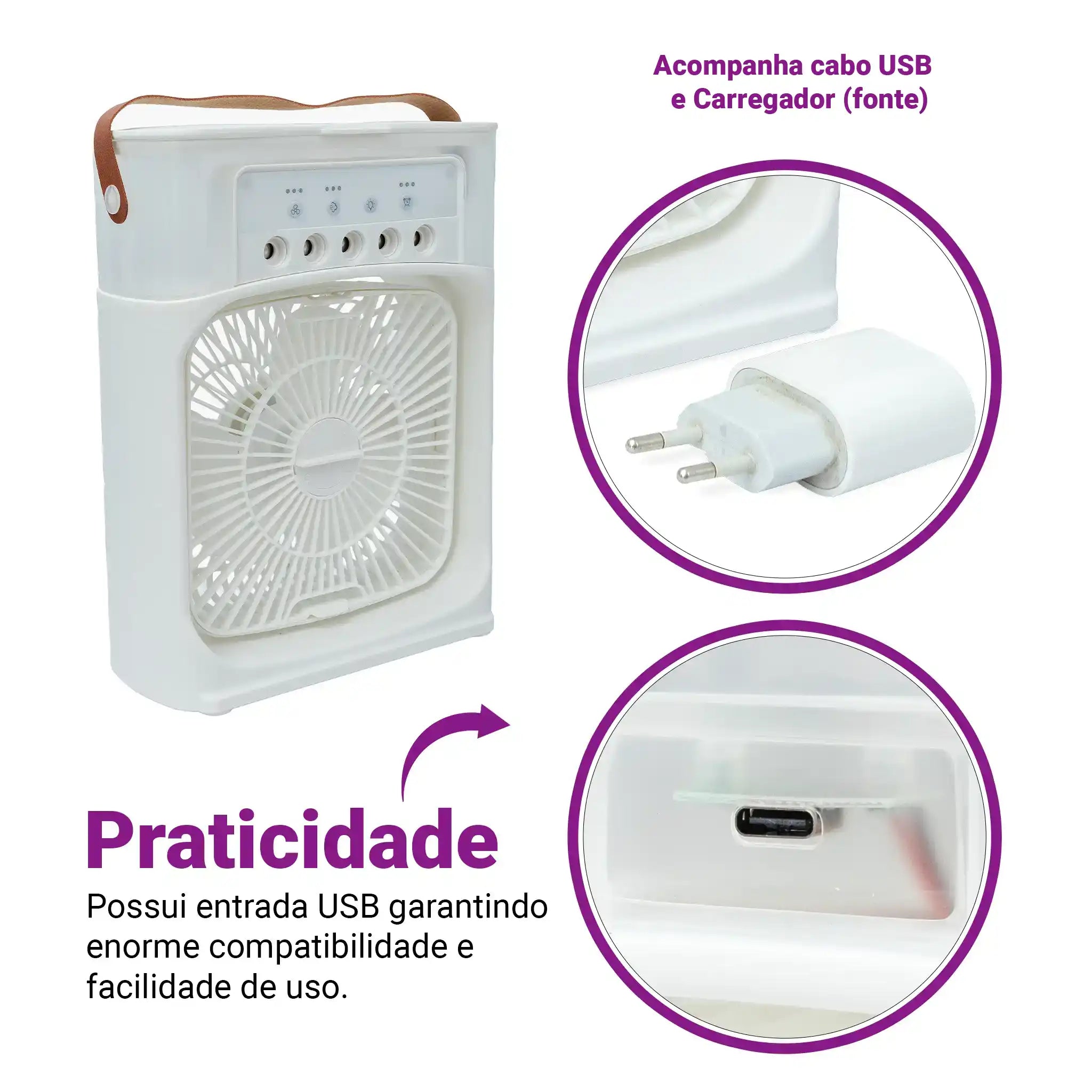 Climatizador Ar Portátil USB 3 em 1 Umidificador Ventilador Mini Ar Condicionado Branco Econômico