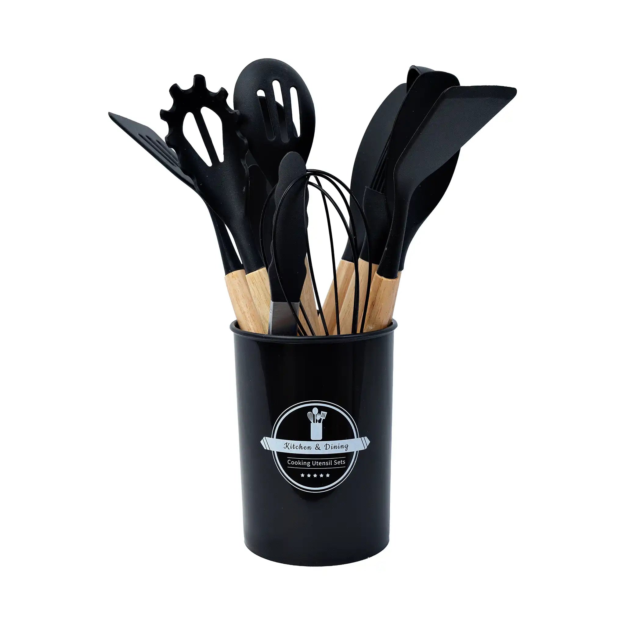 Kit Utensílios Cozinha Silicone 12 Peças Cabo Madeira Colher Espátula Concha Pegador Premium Antiaderente