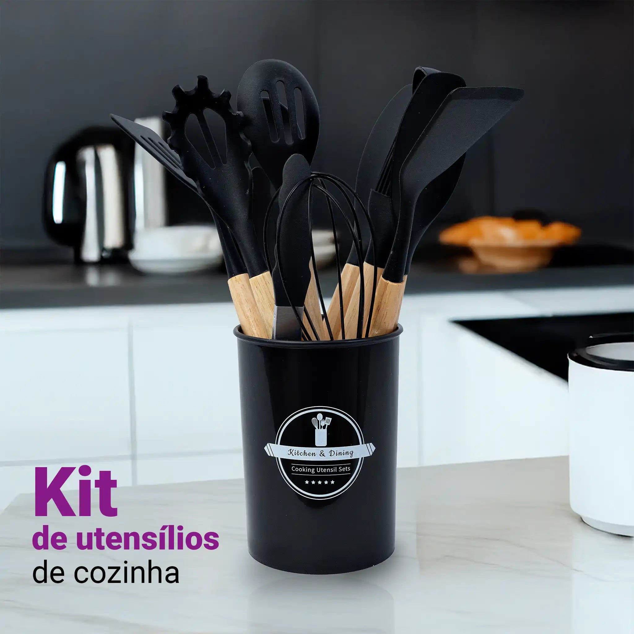 Kit Utensílios Cozinha Silicone 12 Peças Cabo Madeira Colher Espátula Concha Pegador Premium Antiaderente