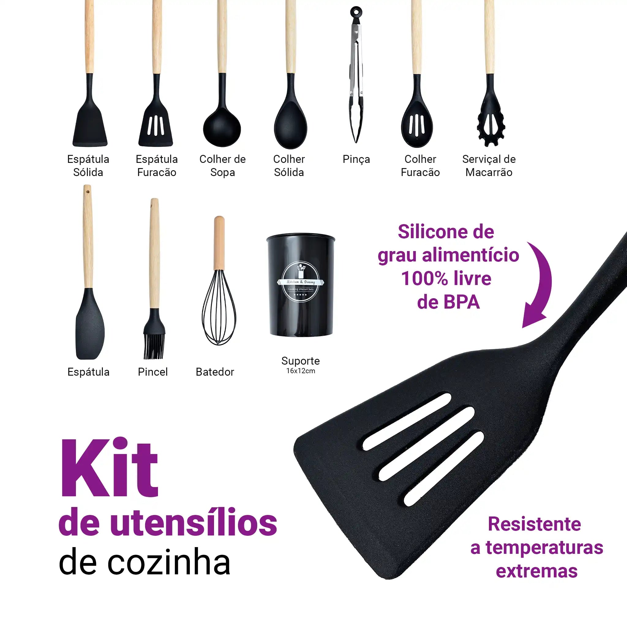 Kit Utensílios Cozinha Silicone 12 Peças Cabo Madeira Colher Espátula Concha Pegador Premium Antiaderente