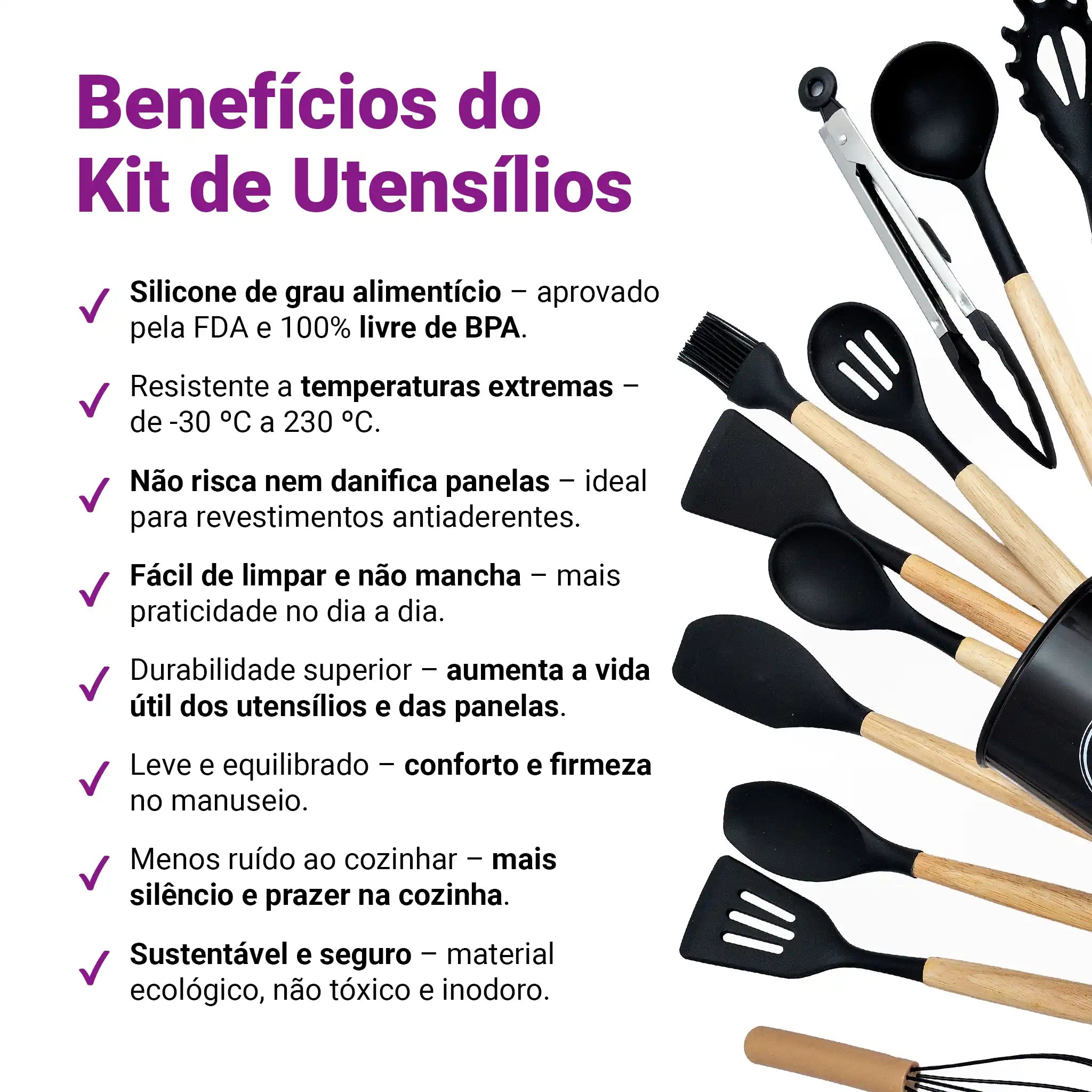 Kit Utensílios Cozinha Silicone 12 Peças Cabo Madeira Colher Espátula Concha Pegador Premium Antiaderente