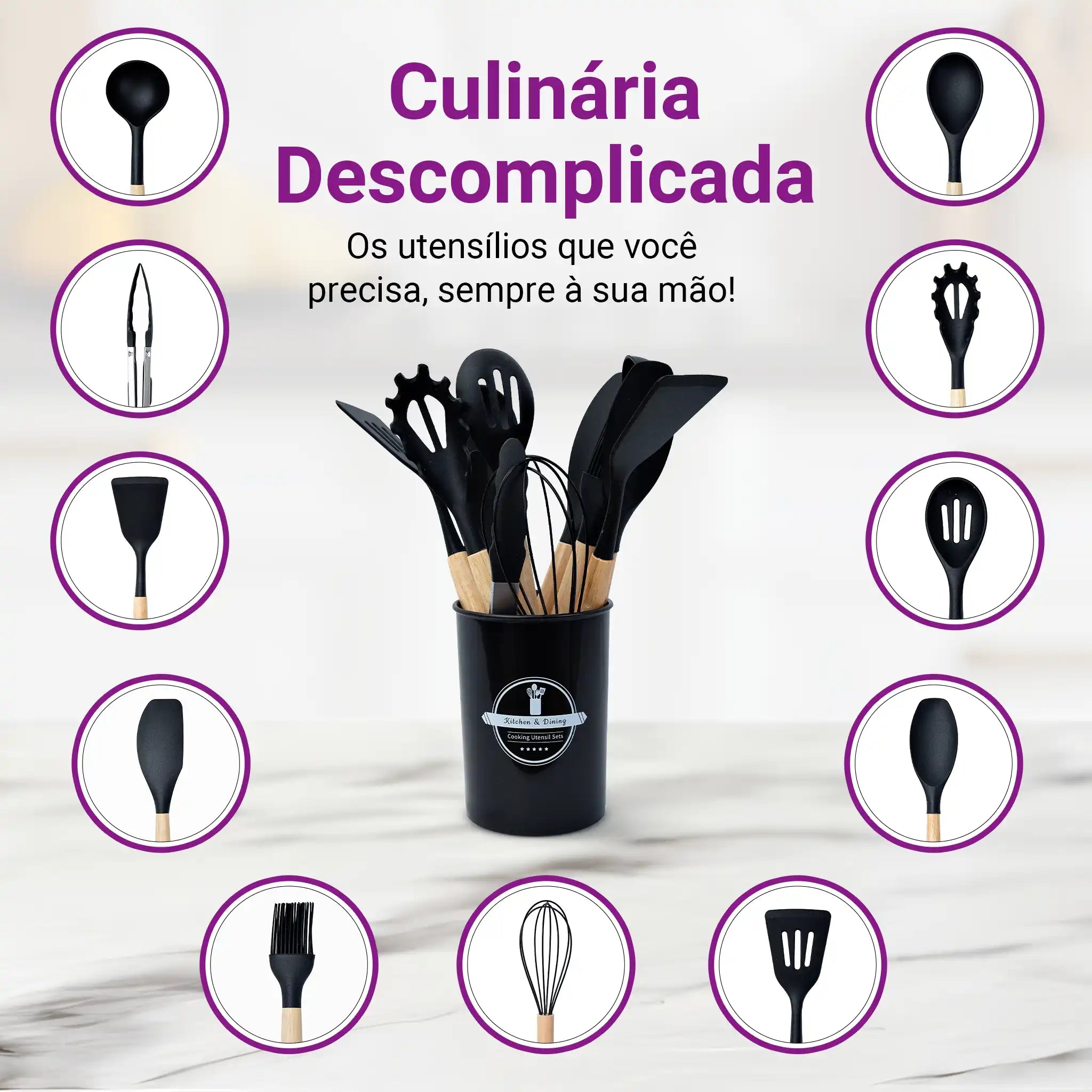 Kit Utensílios Cozinha Silicone 12 Peças Cabo Madeira Colher Espátula Concha Pegador Premium Antiaderente