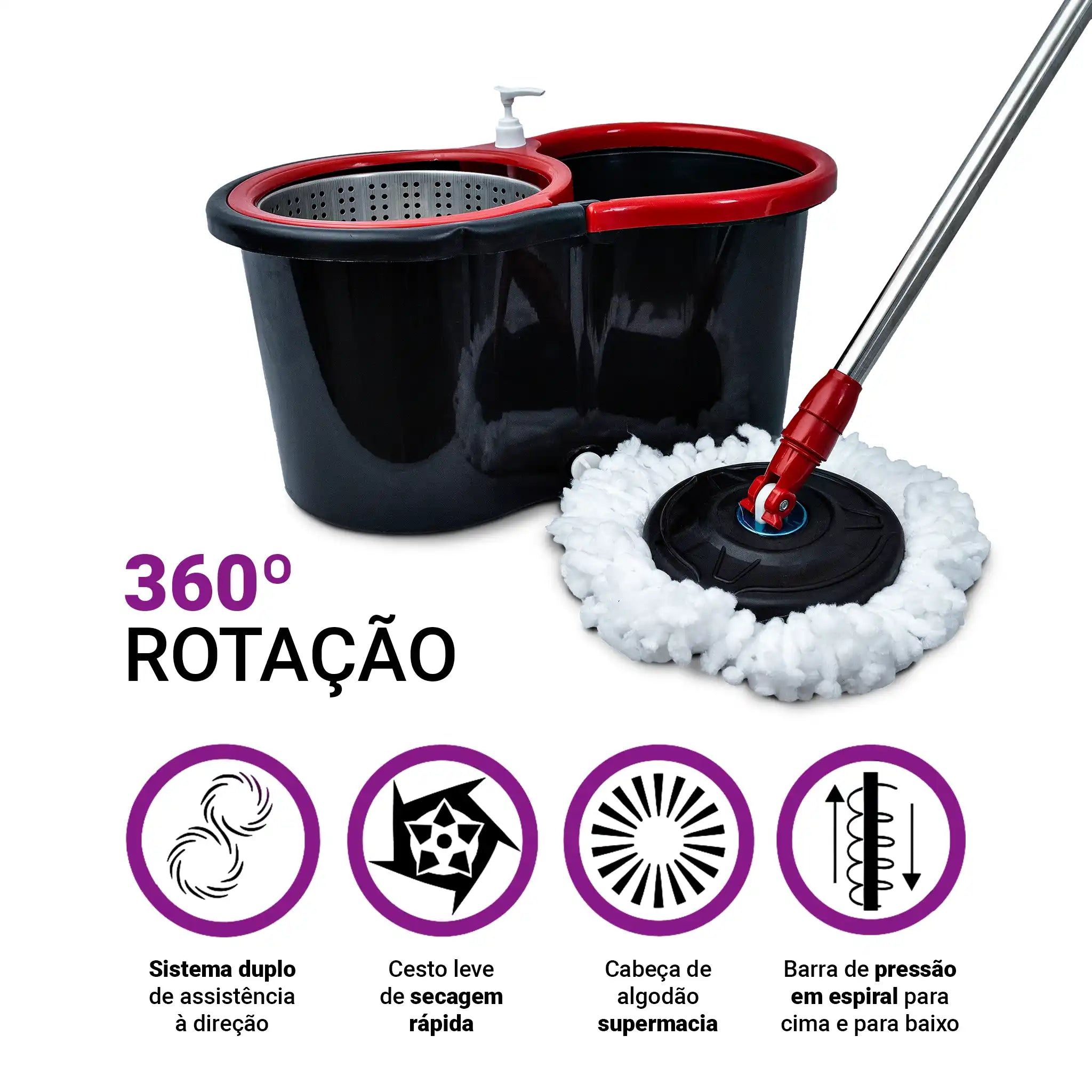 Mop Giratório 360 Graus Balde Cesto Inox Esfregão Limpeza Piso 1 Refil Adicional Grátis Profissional
