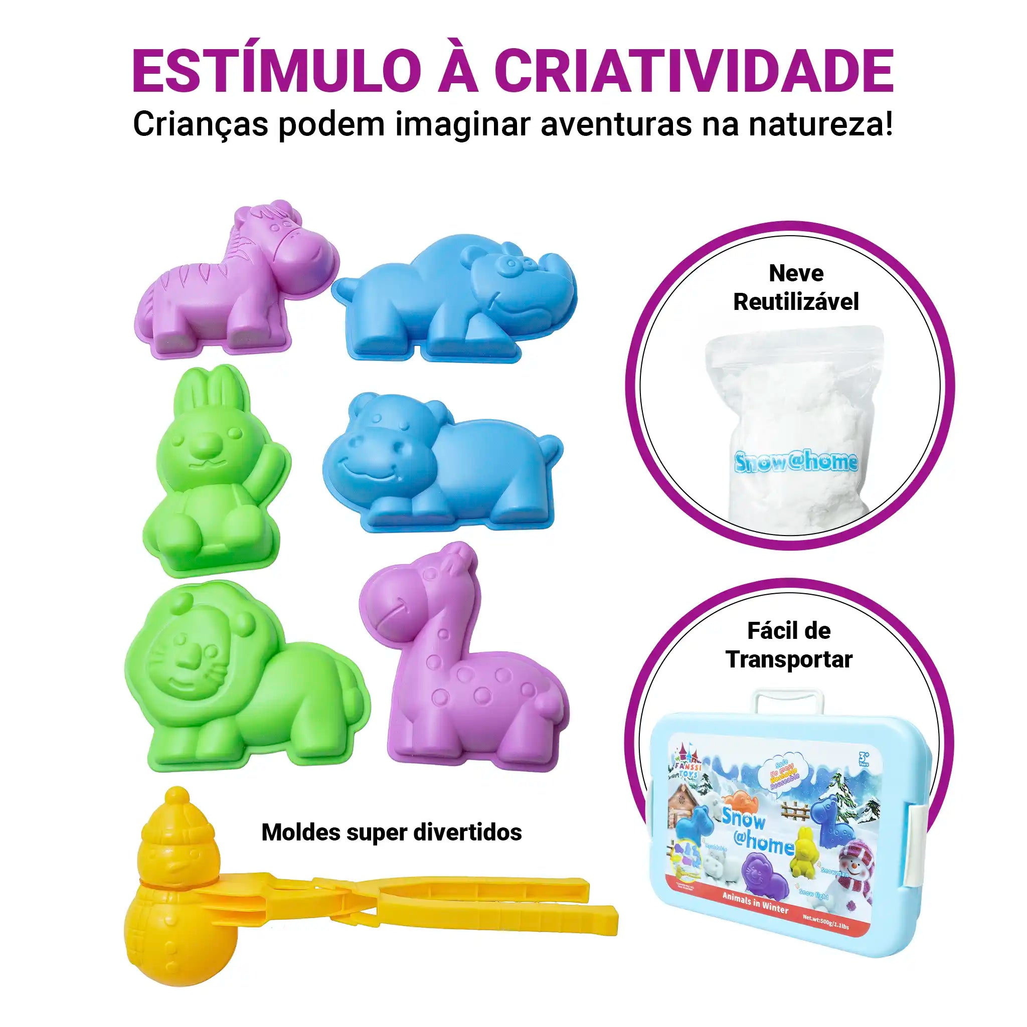 Snow @Home Animais Inverno Maleta Neve Artificial Moldes Bichinhos Educativo Sensorial Crianças