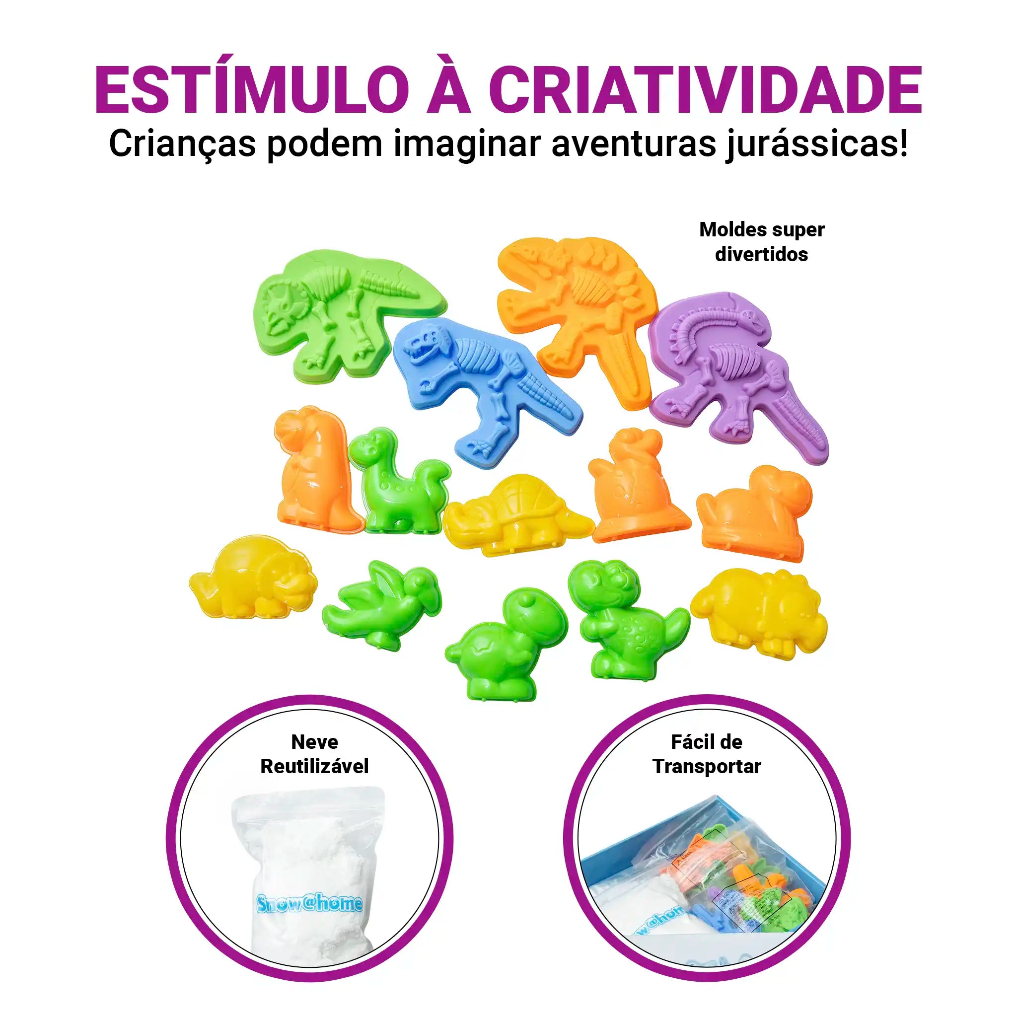 Snow @Home Era Dinossauros Kit Neve Artificial Moldes Pré-Históricos Sensorial Brinquedo Educativo