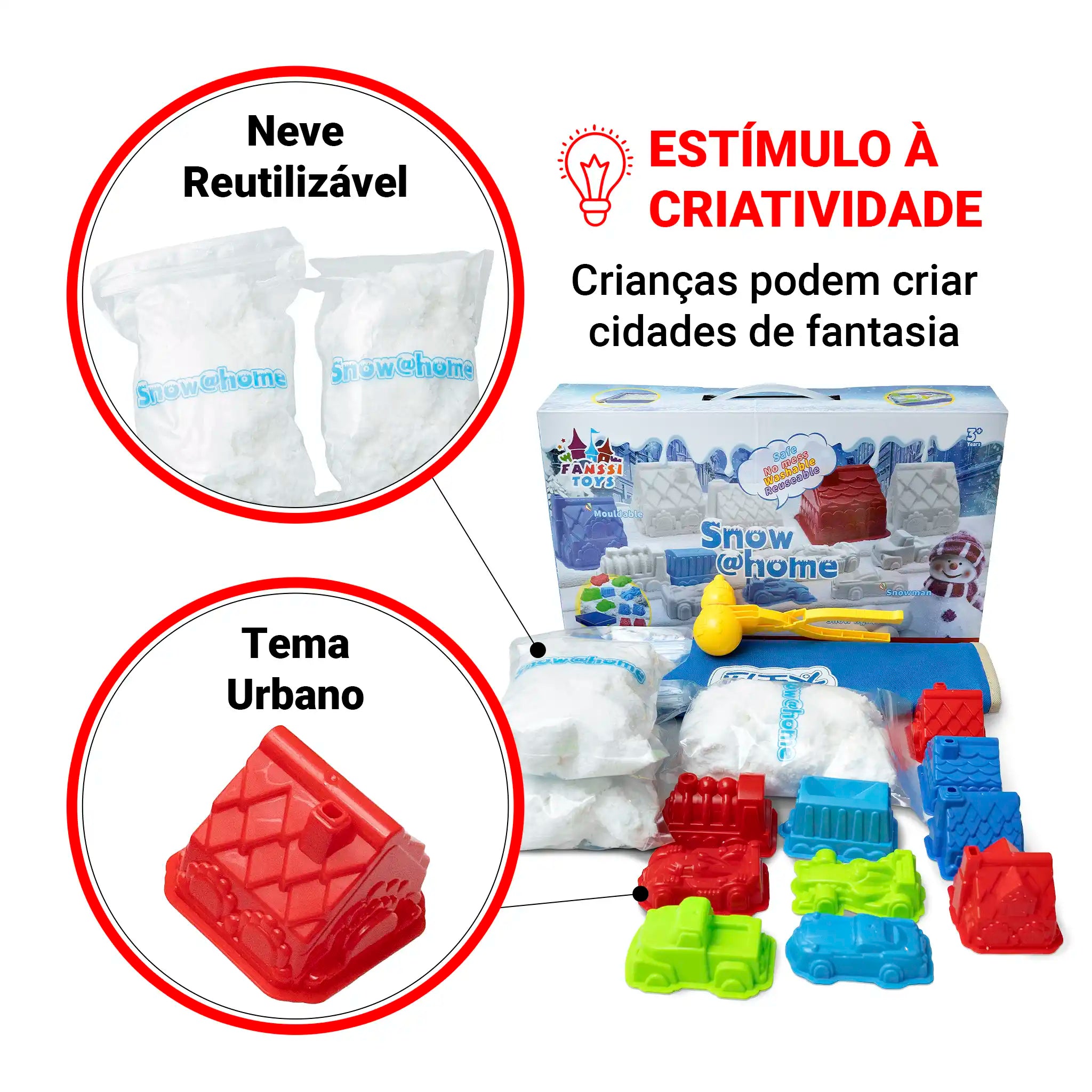 Snow @Home Cidade Congelada Kit Neve Artificial Moldes Casas Veículos Educativo Infantil Criativo