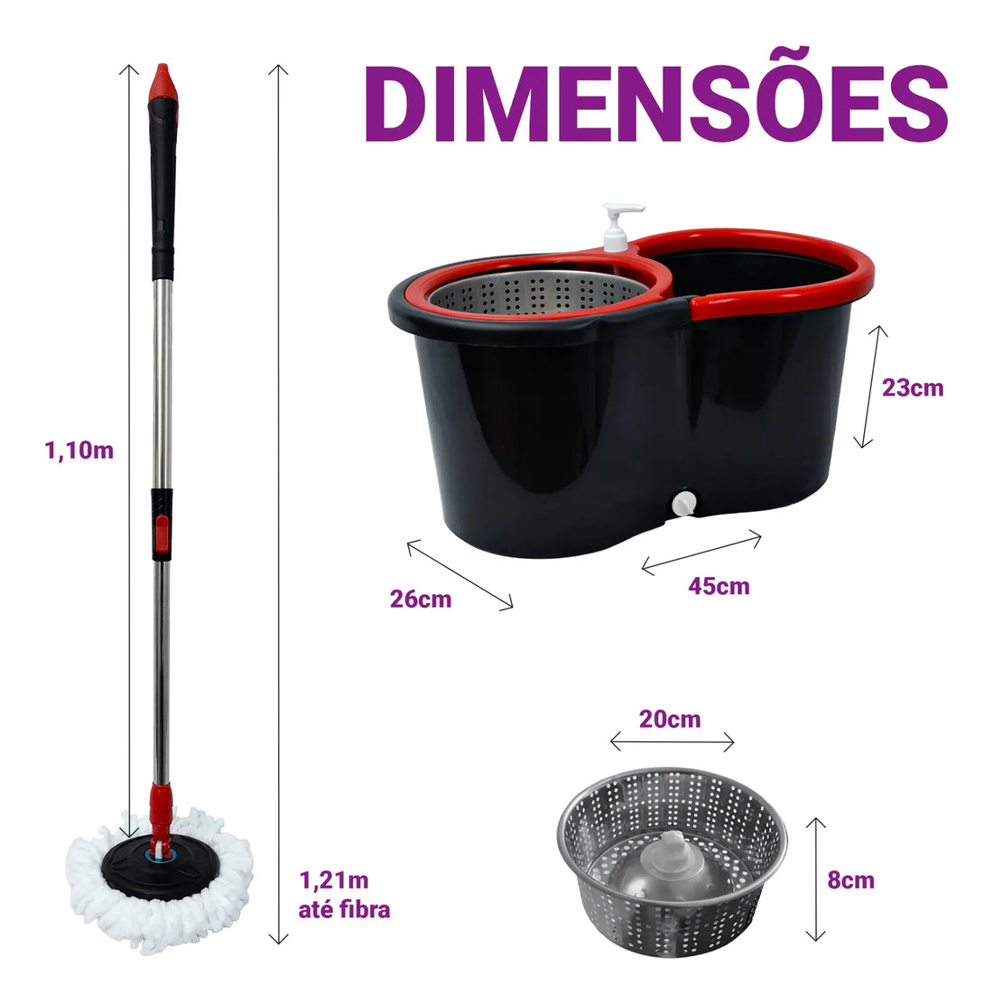 Mop Giratório 360 Graus com Balde e Cesto Inox para Limpeza de Piso