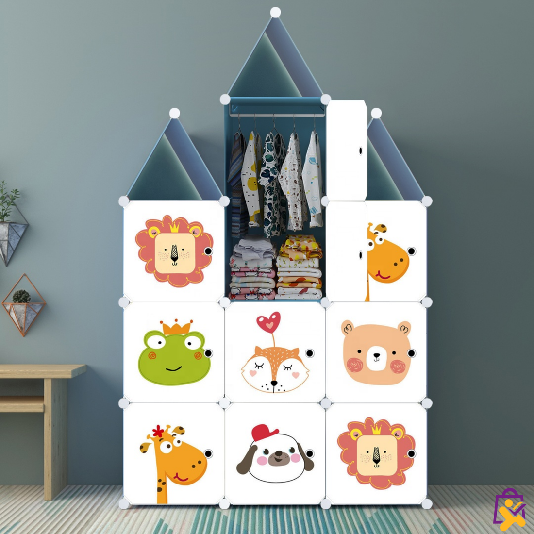 Guarda Roupa Infantil Modular Formato Casinha Estampas Animais Colorido Lúdico Organizador