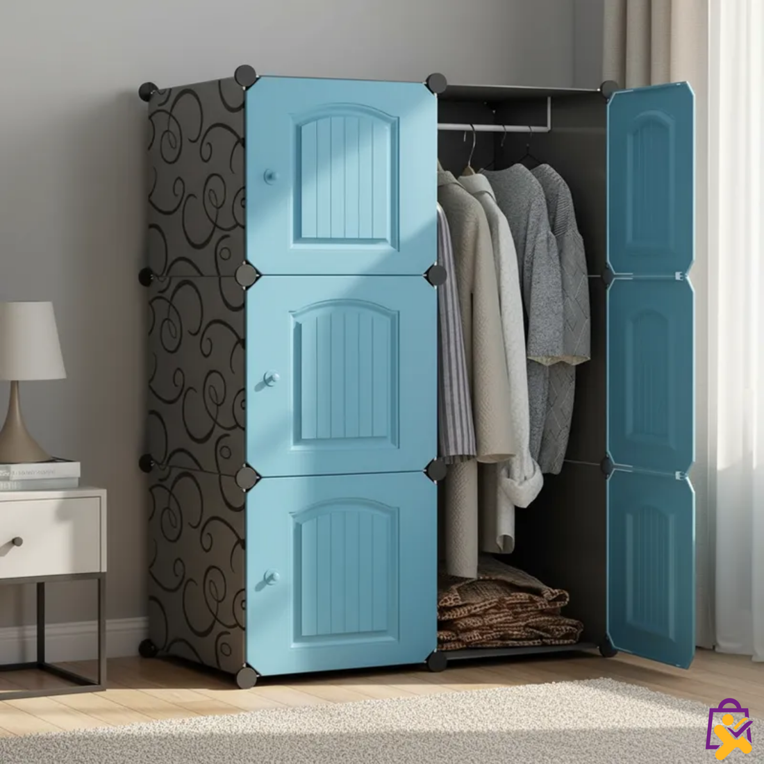 Guarda Roupa Modular Dobrável 3 Portas Cabideiro Azul Design Clássico Prático Organizador