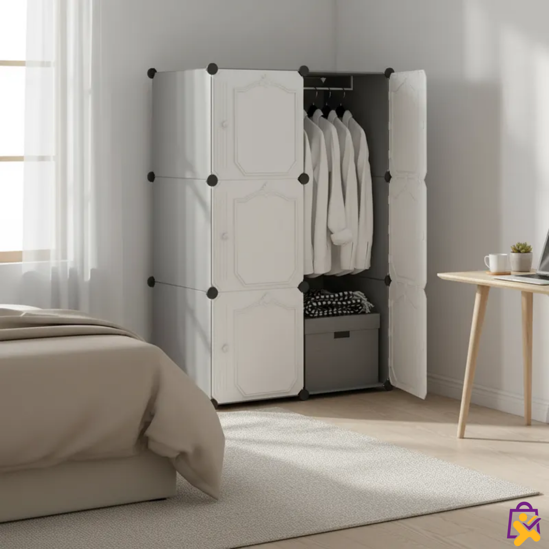 Guarda Roupa Modular Dobrável 3 Portas Cabideiro Branco Design Clássico Prático Organizador