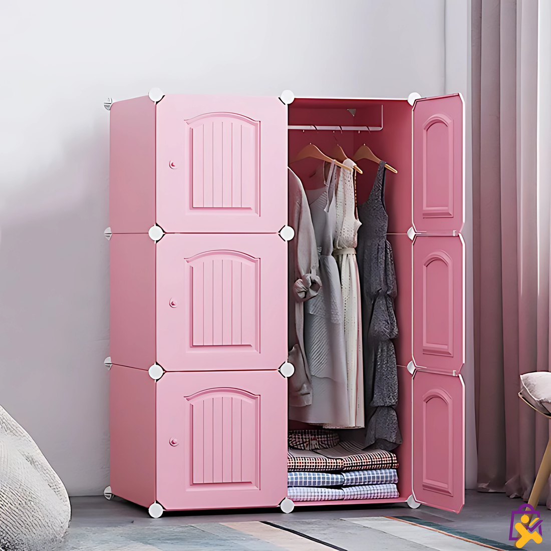 Guarda Roupa Modular Dobrável 3 Portas Cabideiro Rosa Design Clássico Prático Organizador
