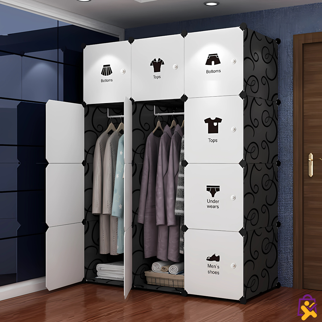 Guarda Roupa Modular 3 Colunas Organizador Roupas Sapatos Ícones Organização Preto Branco Fácil Montagem
