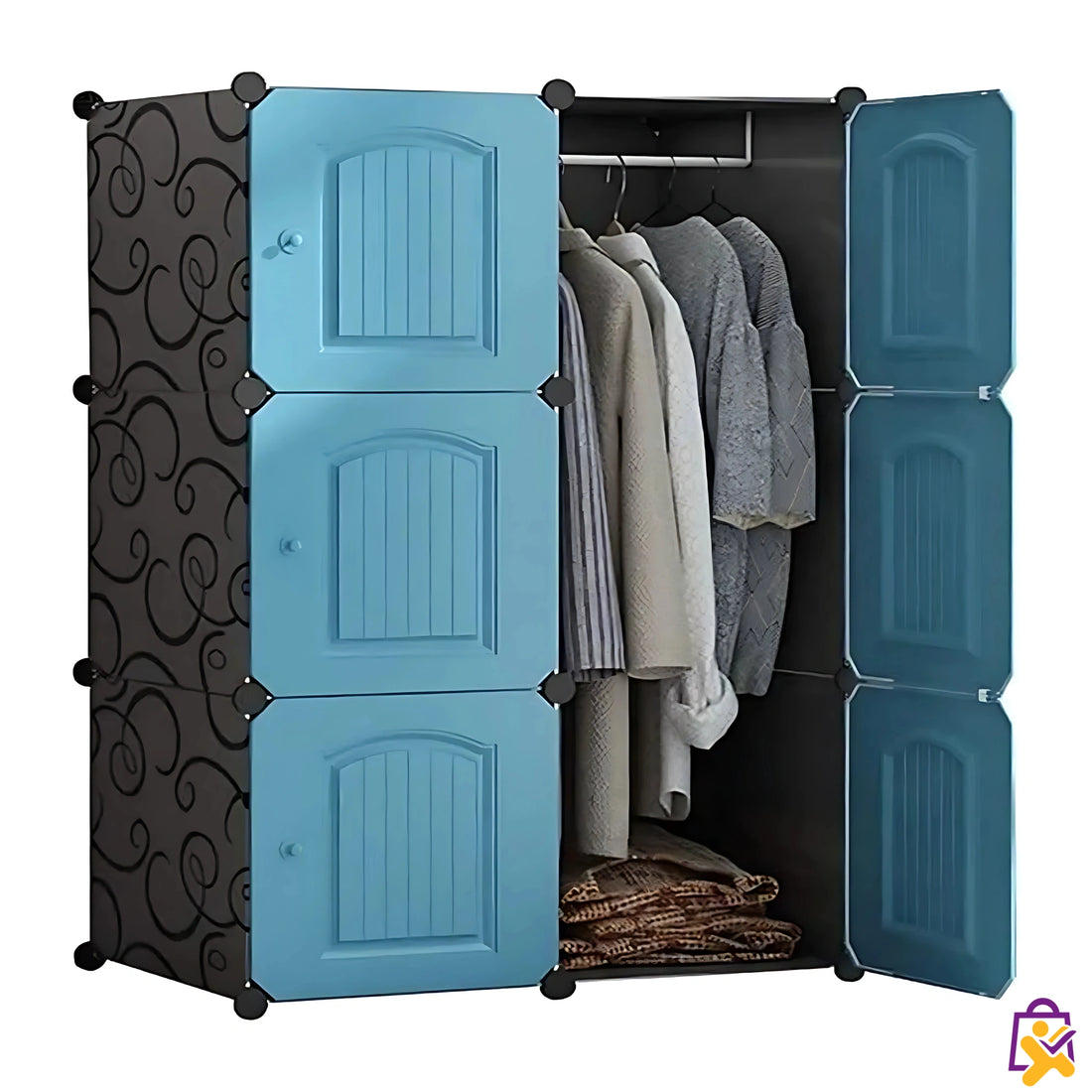 Guarda Roupa Modular Dobrável 3 Portas Cabideiro Azul Design Clássico Prático Organizador X-Varejo loja online