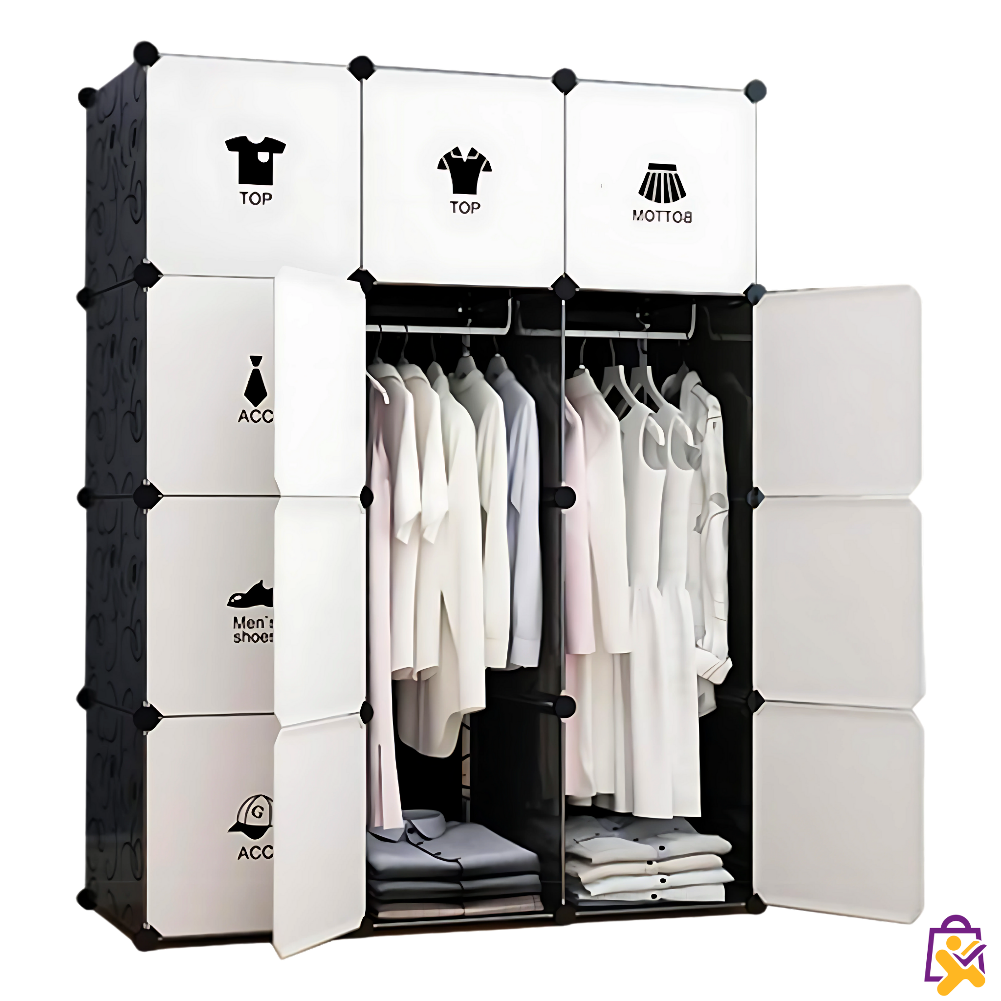 Guarda Roupa Modular 3 Colunas Organizador Roupas Sapatos Ícones Organização Preto Branco Fácil Montagem