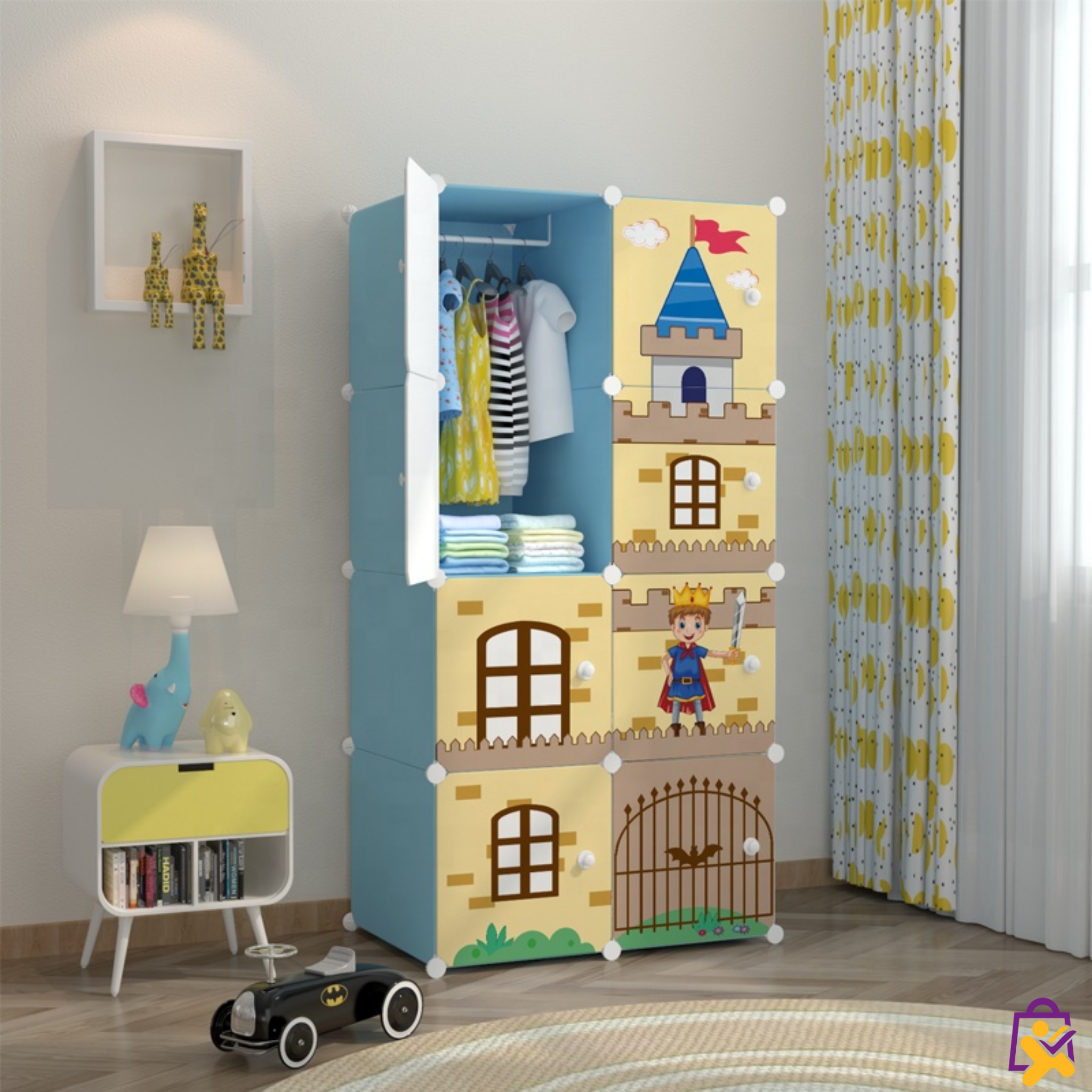 Armário Infantil Modular Castelo Cavaleiro Azul 9 Compartimentos Cabideiro Organizador Roupas