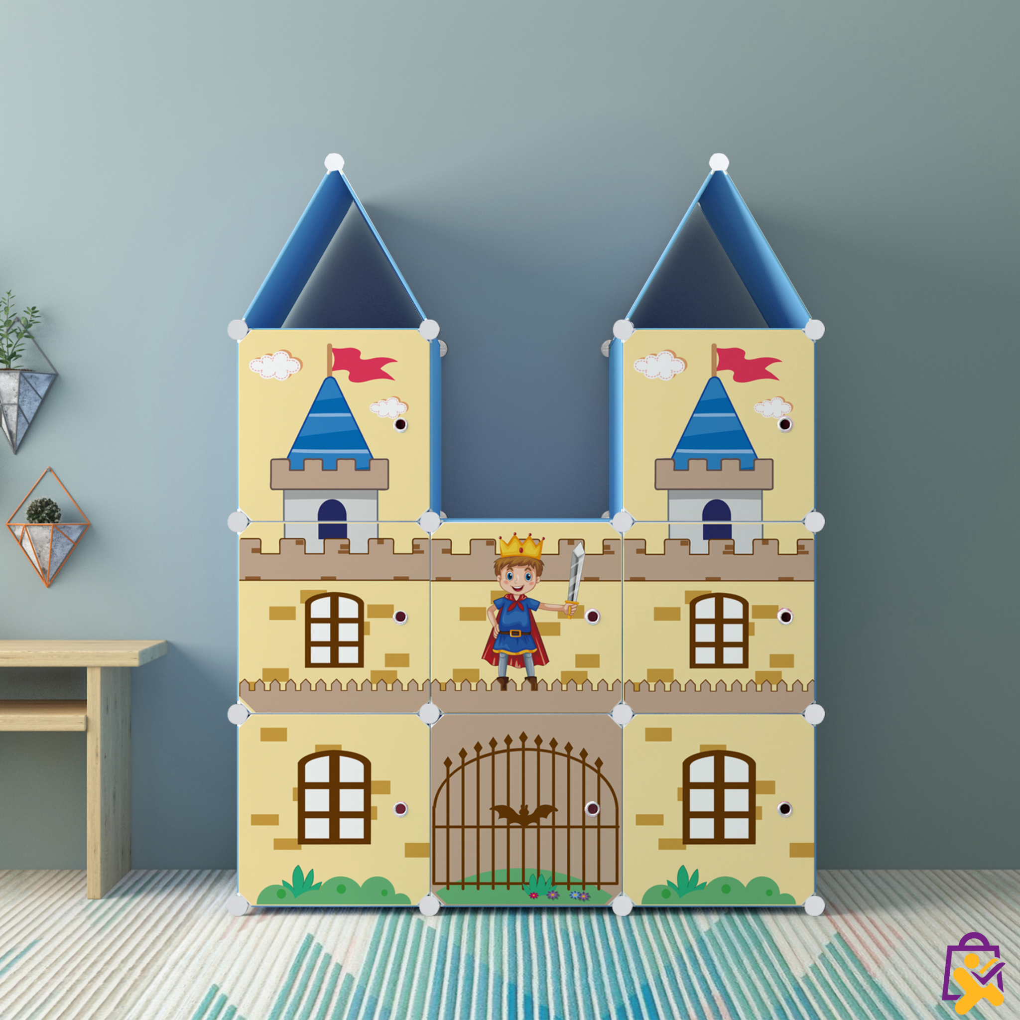 Armário Infantil Modular Castelo Azul Plástico Organizador Roupas Brinquedos Criança DIY Multiuso