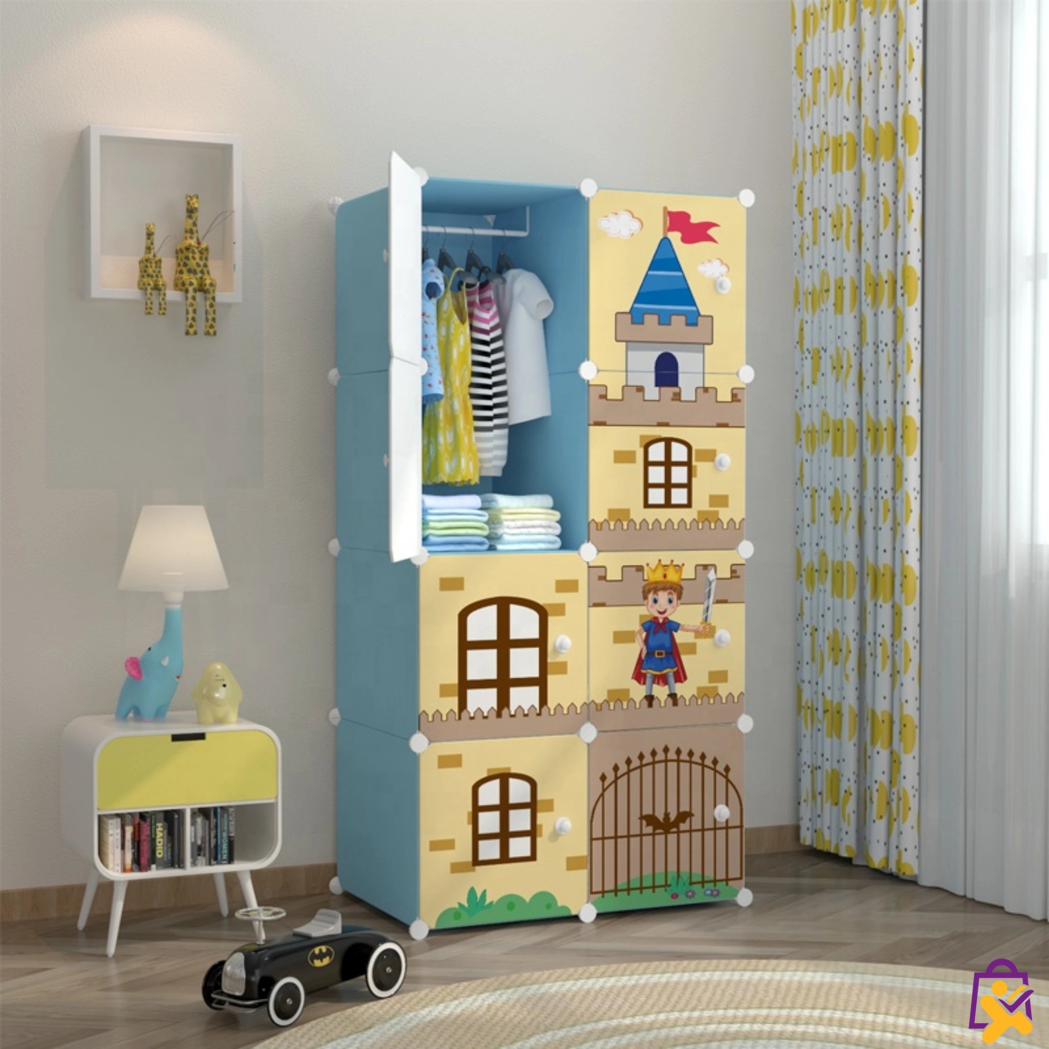 Armário Infantil Modular Castelo Cavaleiro Azul 9 Compartimentos Cabideiro Organizador Roupas - X - Varejo Ltda - Me