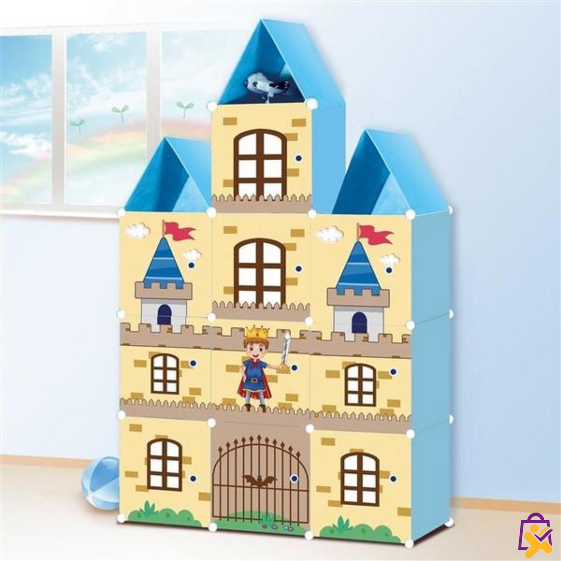 Organizador Infantil Modular Castelo Cavaleiro Azul 12 Cubos Telhado Roupas Brinquedos DIY