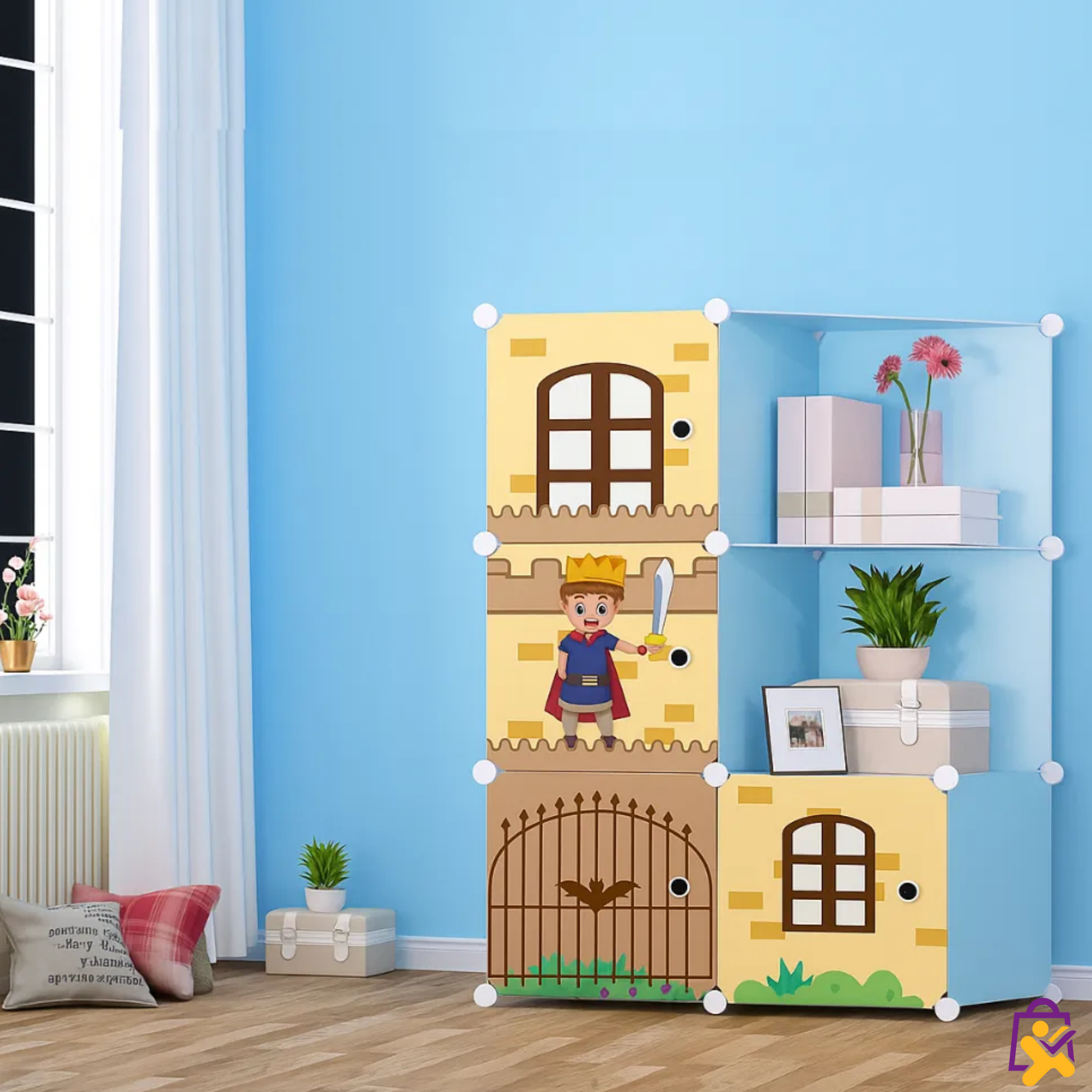 Organizador Modular Infantil Estilo Castelo com Cavaleiro – 6 Cubos (4 Fechados + 2 Abertos) – DIY