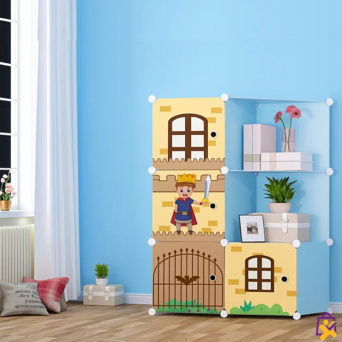 Organizador Modular Infantil Estilo Castelo com Cavaleiro 6 Cubos 4 Fechados 2 Abertos DIY X-Varejo loja online