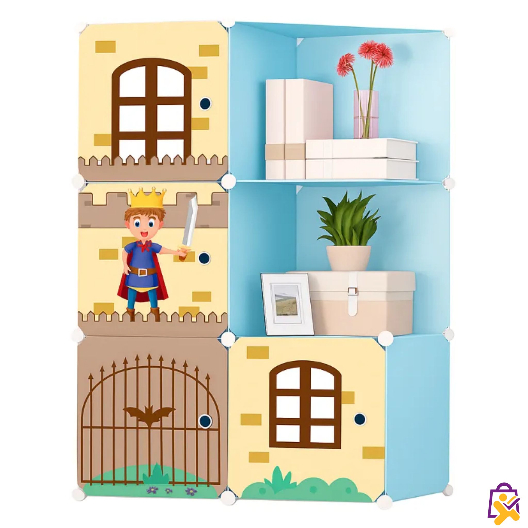 Organizador Modular Infantil Estilo Castelo com Cavaleiro – 6 Cubos (4 Fechados + 2 Abertos) – DIY