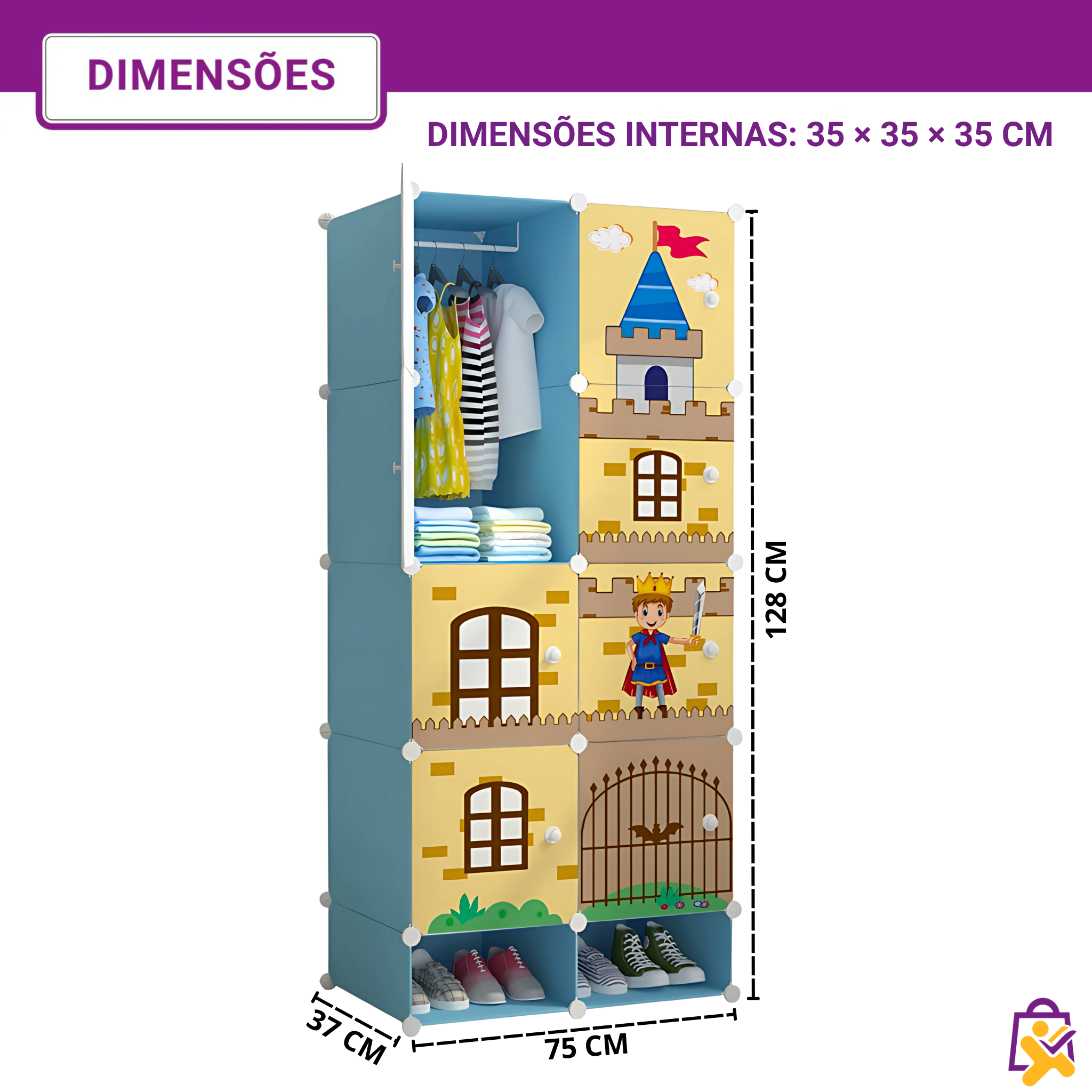 Armário Infantil Modular Castelo Cavaleiro Azul 9 Compartimentos Cabideiro Organizador Roupas