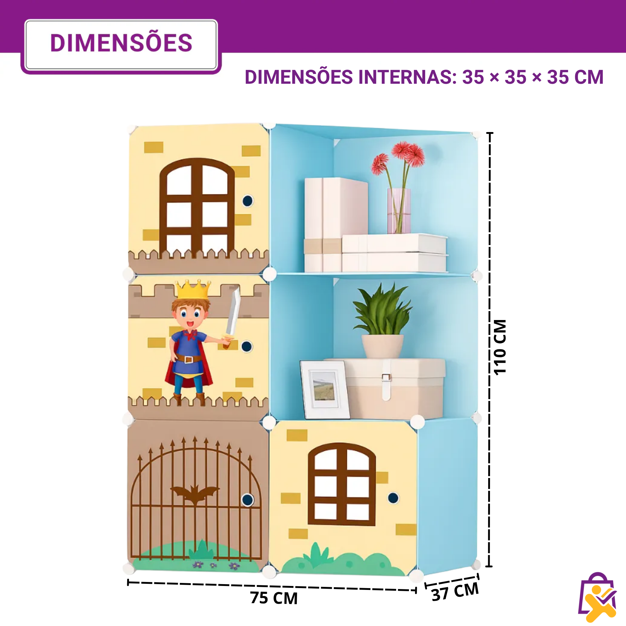Organizador Modular Infantil Estilo Castelo com Cavaleiro – 6 Cubos (4 Fechados + 2 Abertos) – DIY