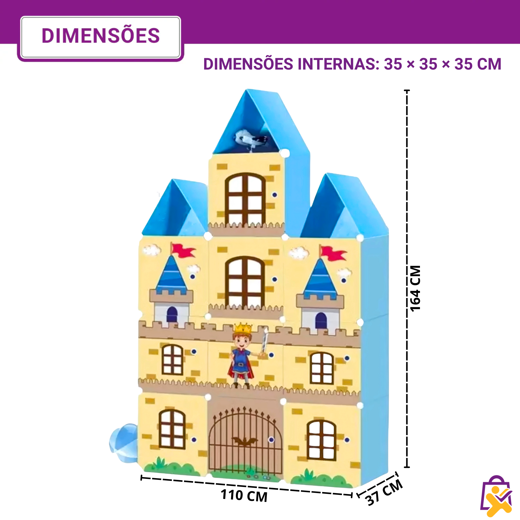 Organizador Infantil Modular Castelo Cavaleiro Azul 12 Cubos Telhado Roupas Brinquedos DIY