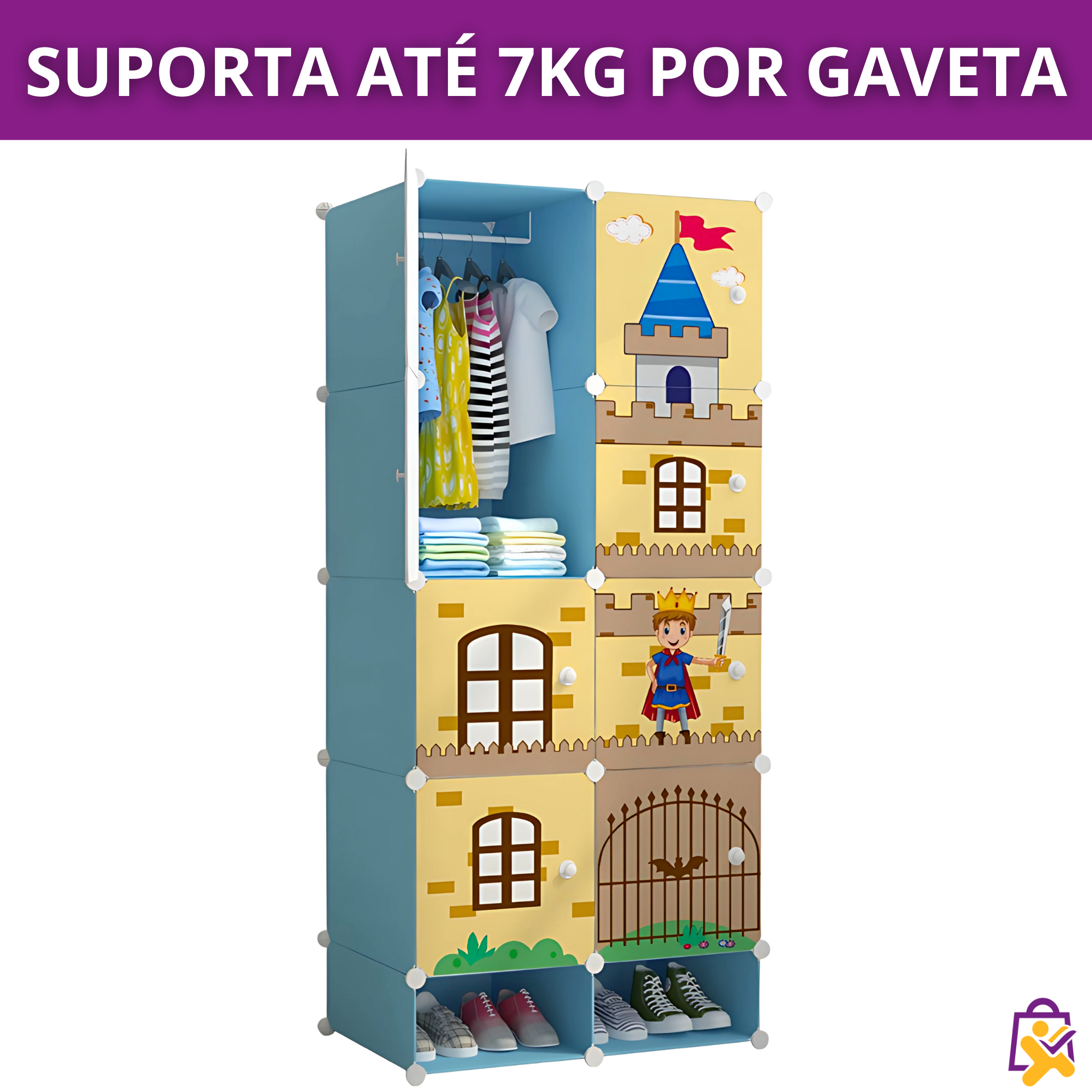 Armário Infantil Modular Castelo Cavaleiro Azul 9 Compartimentos Cabideiro Organizador Roupas