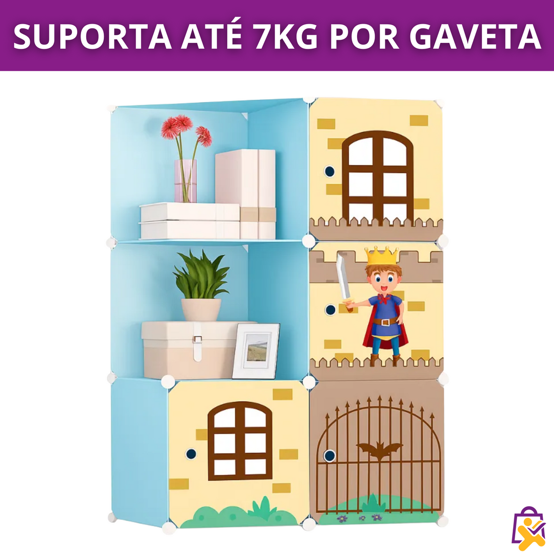 Organizador Modular Infantil Estilo Castelo com Cavaleiro – 6 Cubos (4 Fechados + 2 Abertos) – DIY